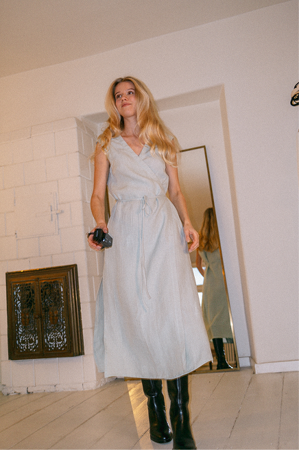 Aurora mid length linen dress in Sage Green