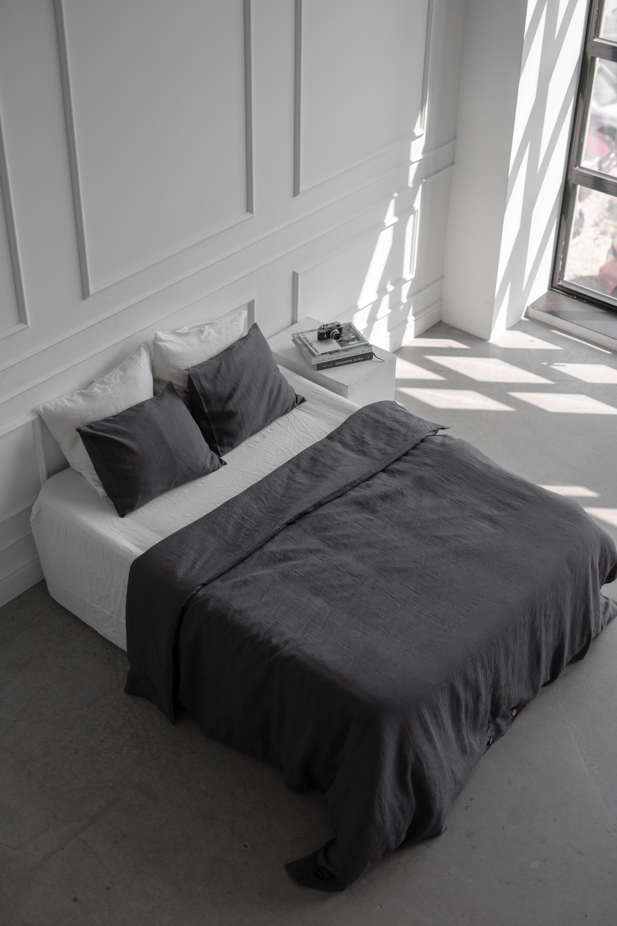 Top View of Bed With Charcoal Linen Duvet Cover By AmourlInen