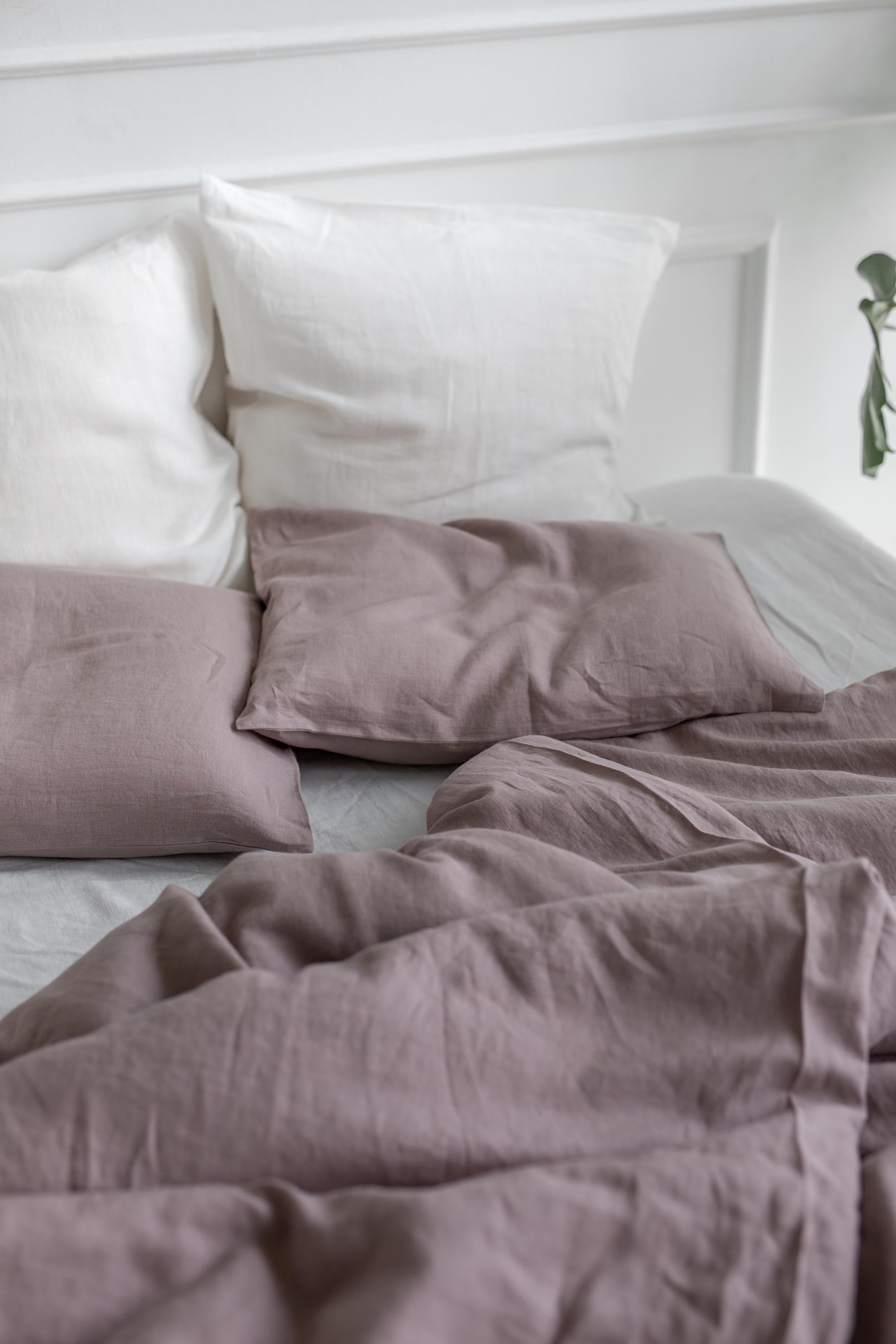 Close Up Of Untidy LInen Bedding Set In Rosy Brown BY AmourLinen