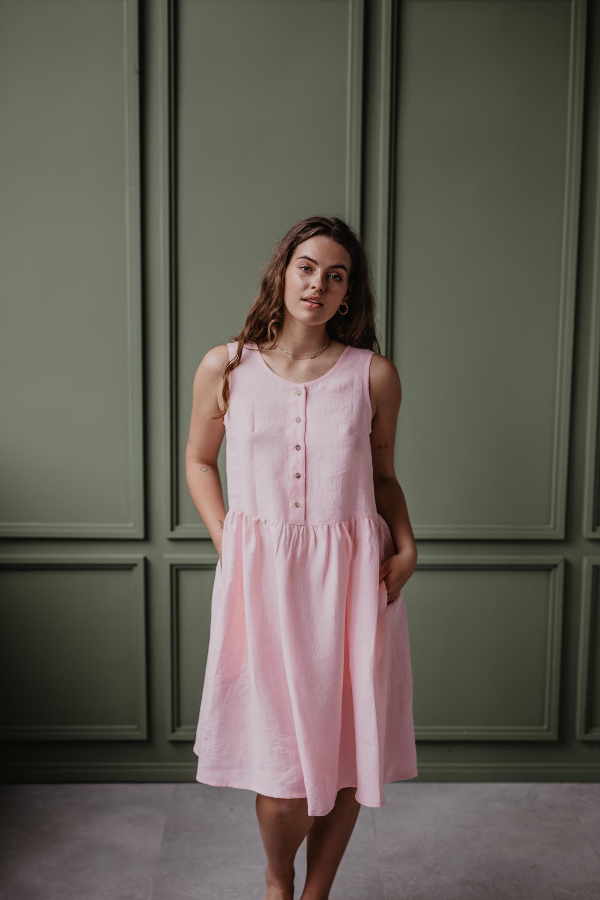 Front View Of Women Wearing A Cotton Candy Color Sleeveless Linen Summer Dress by Amourlinen