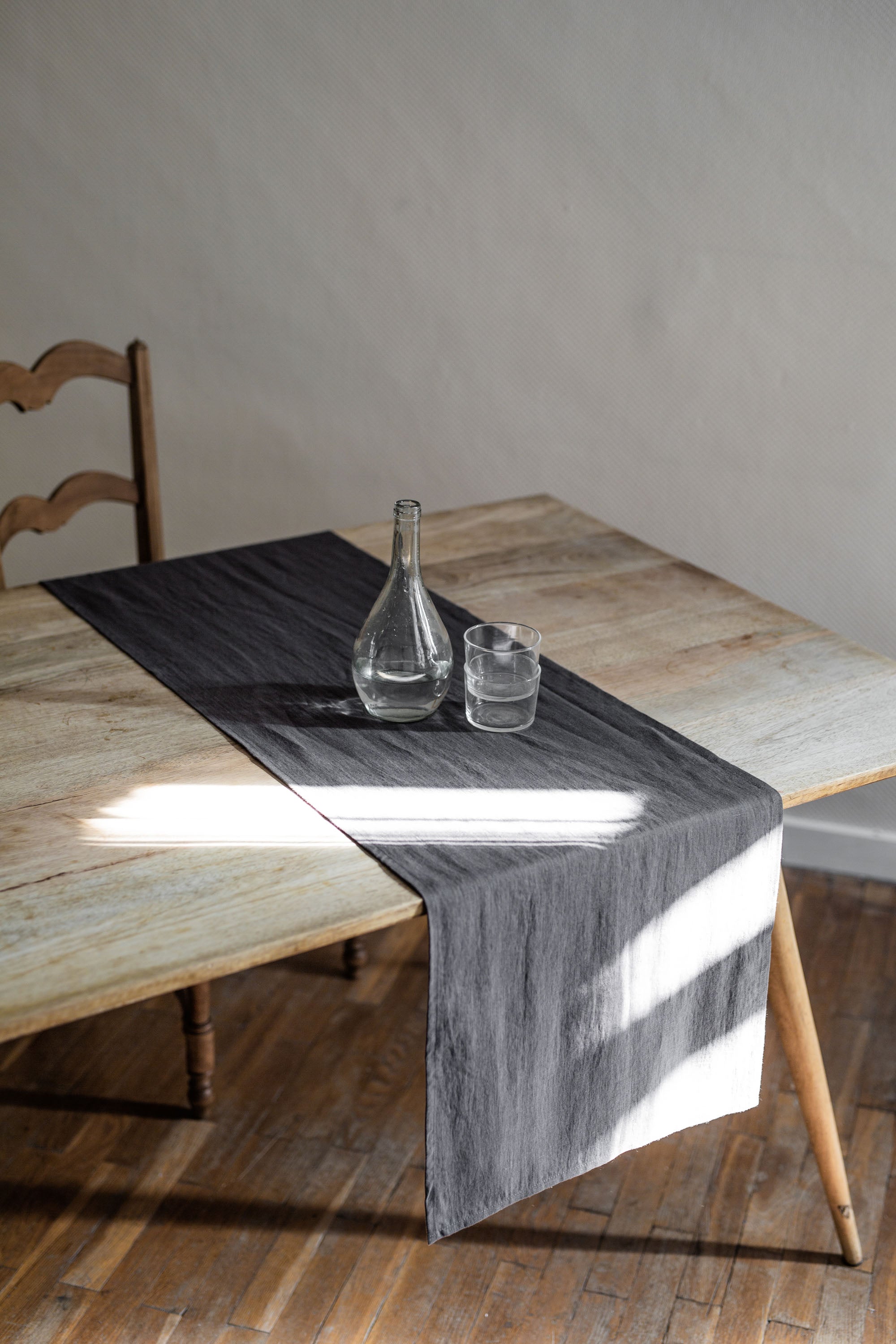 Rustic Dinner Table With Charcoal Linen Table Runner By AmourlInen