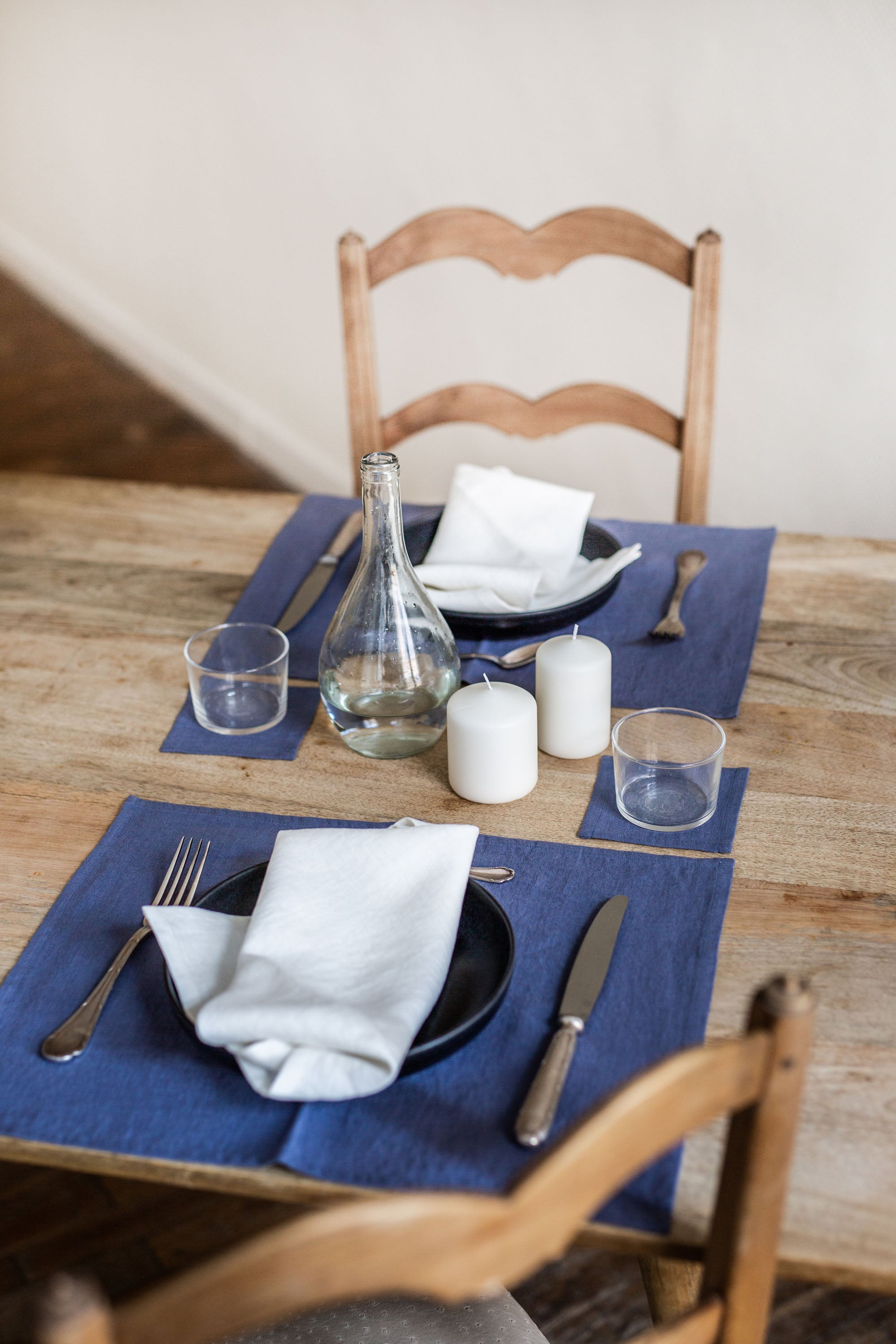 Set Dinner Table With A Blue Linen Placement By AmourlInen