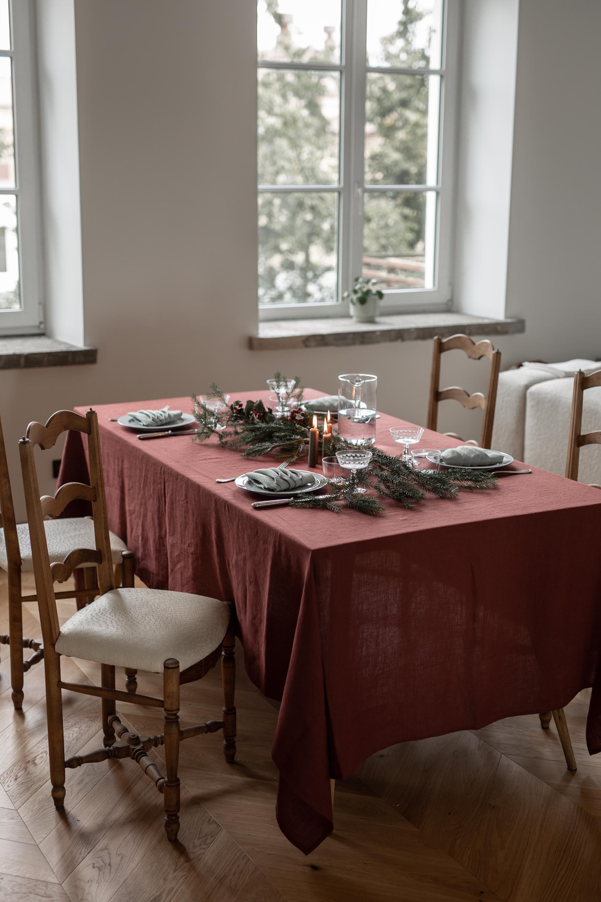 Set Dinner Table With Terracotta Linen Tablecloth By Amourlinen