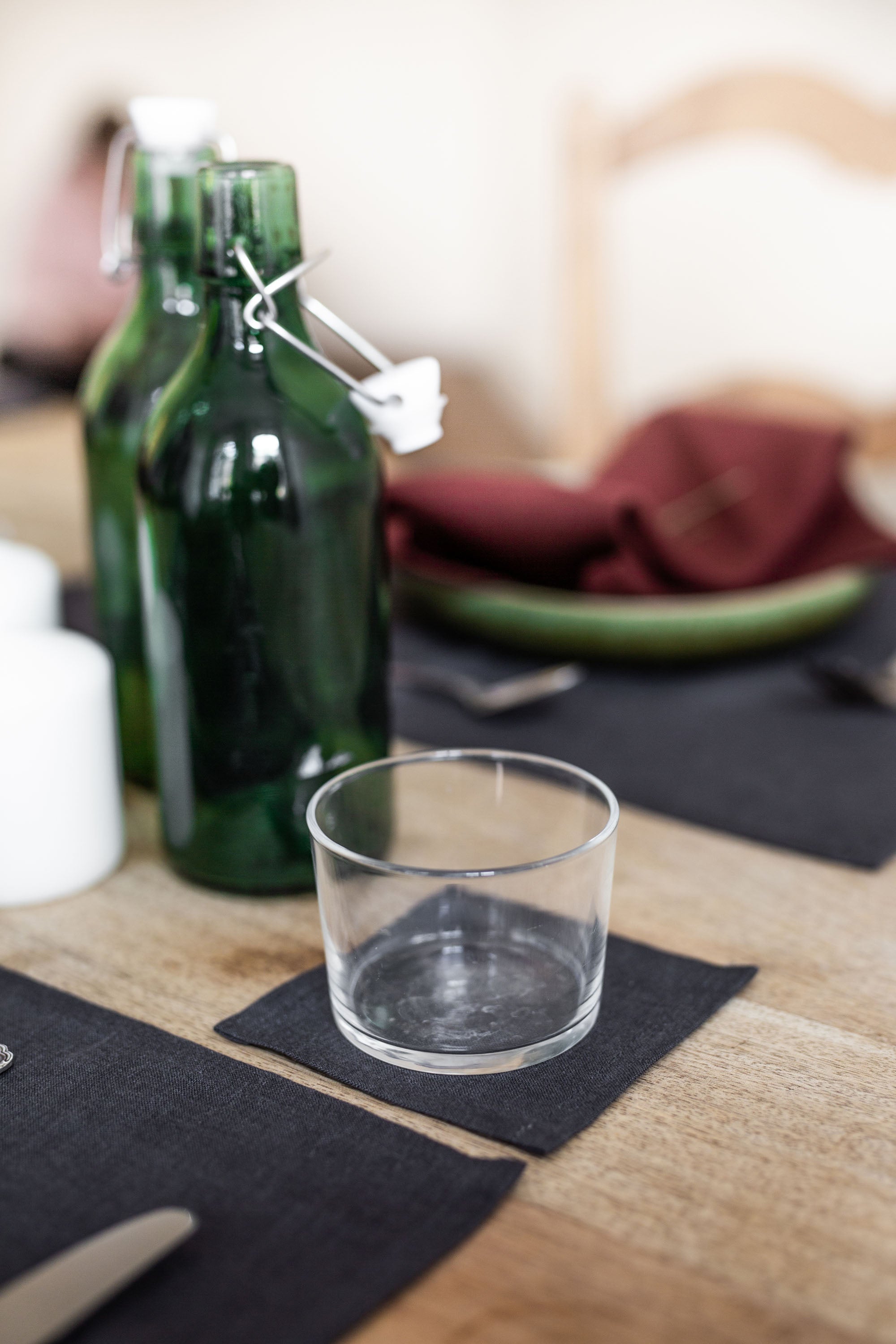 Set Table With A Focus on Charcoal Linen Coaster By AmourlInen