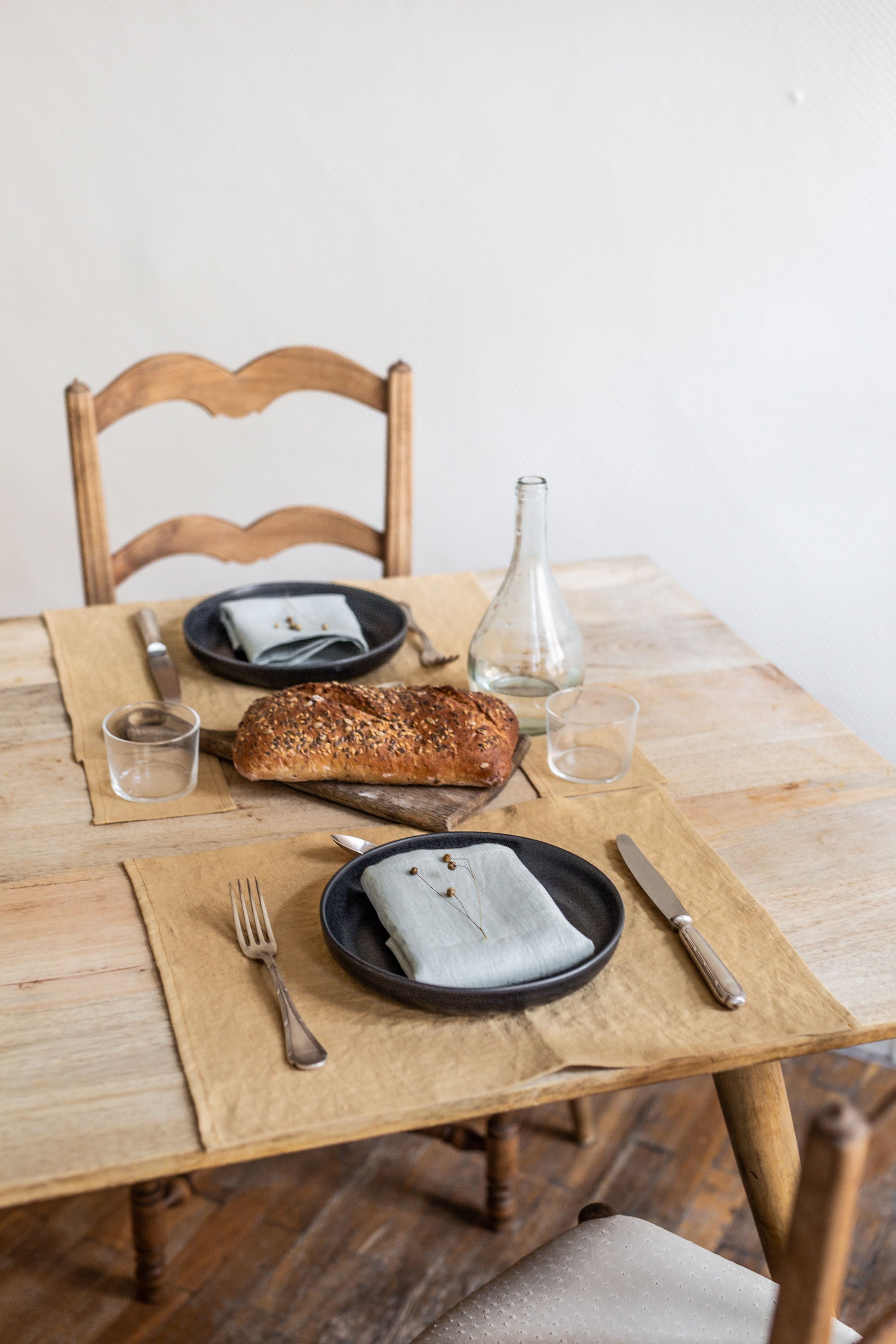 Set Dinner Table With A Mustard Linen Placement By AmourlInen