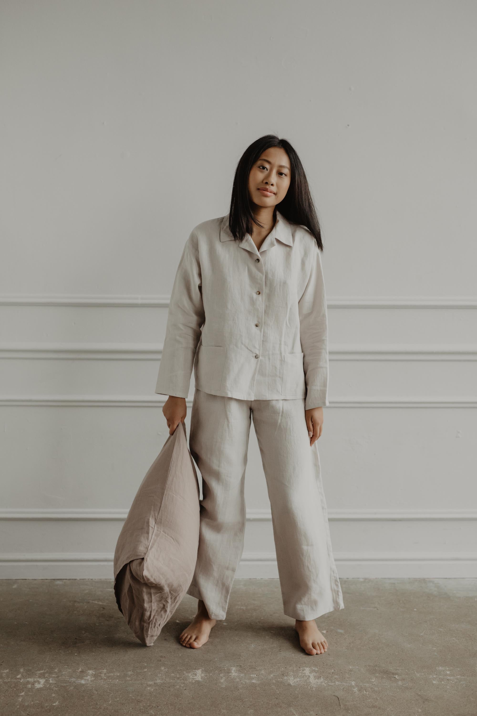 Woman Wearing A White Long Sleeve Linen Pajama Set
