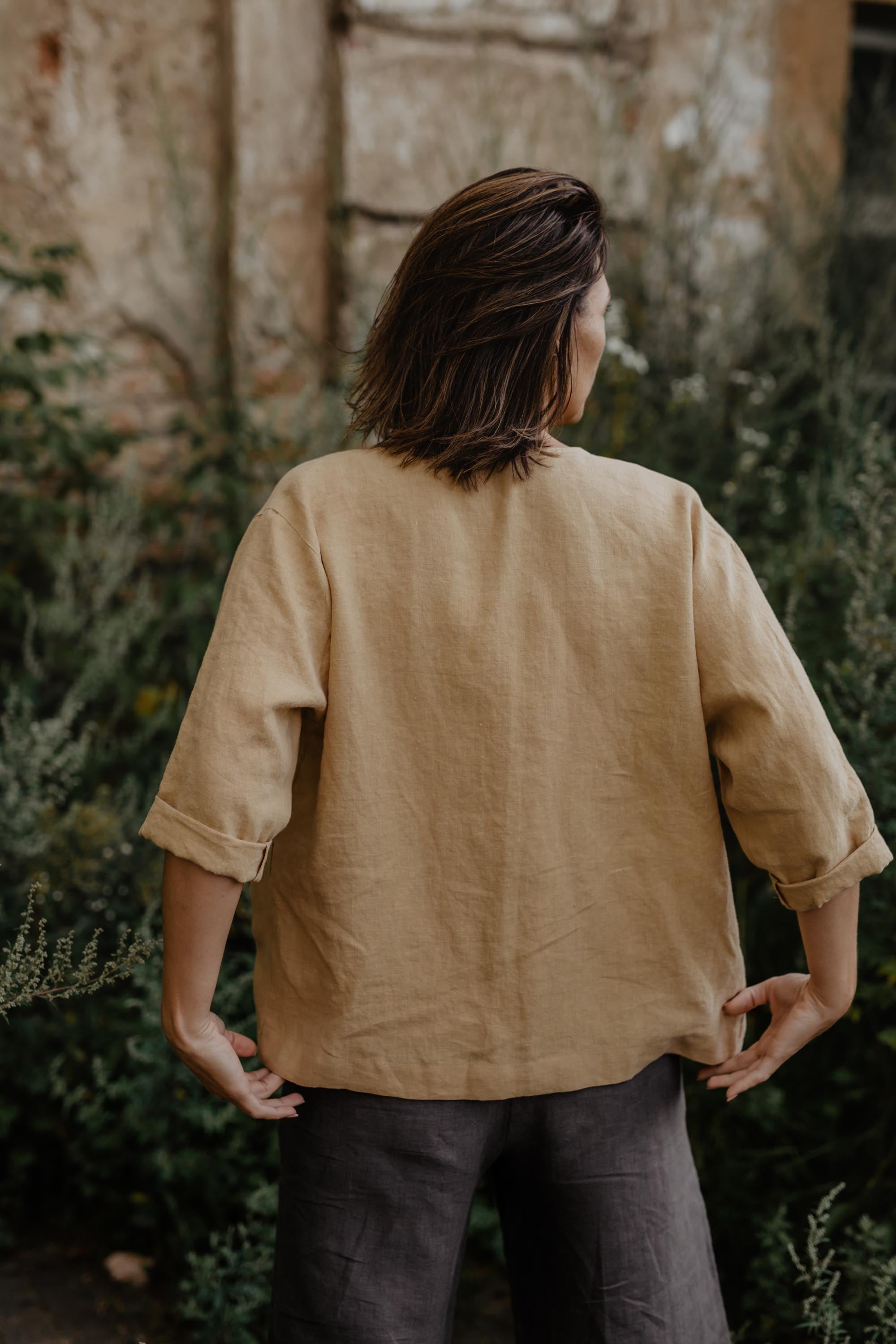 Back of Woman Wearing Mustard Color Oversized Linen Jacket By AmourLinen