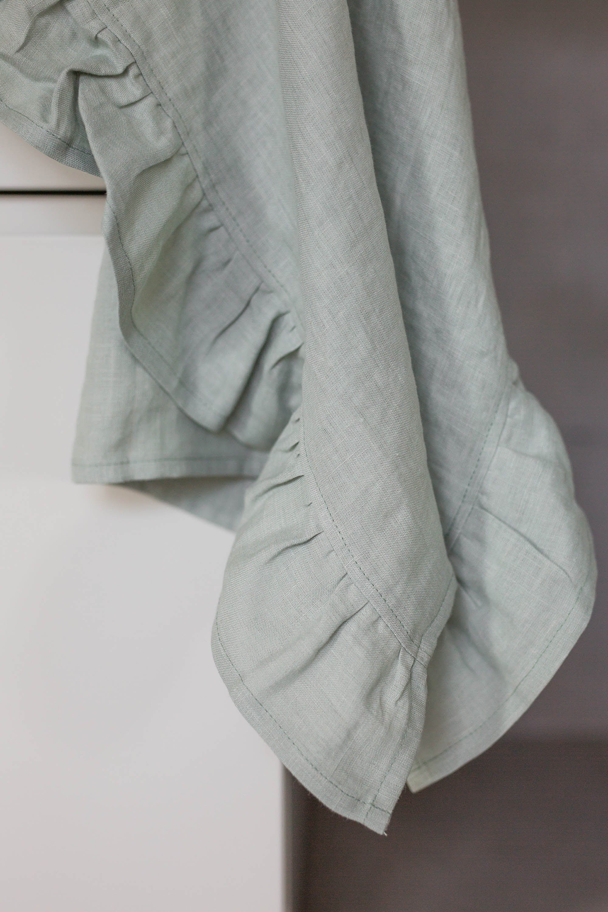 Sage Green Ruffled Linen Tea Towel By AmourLInen