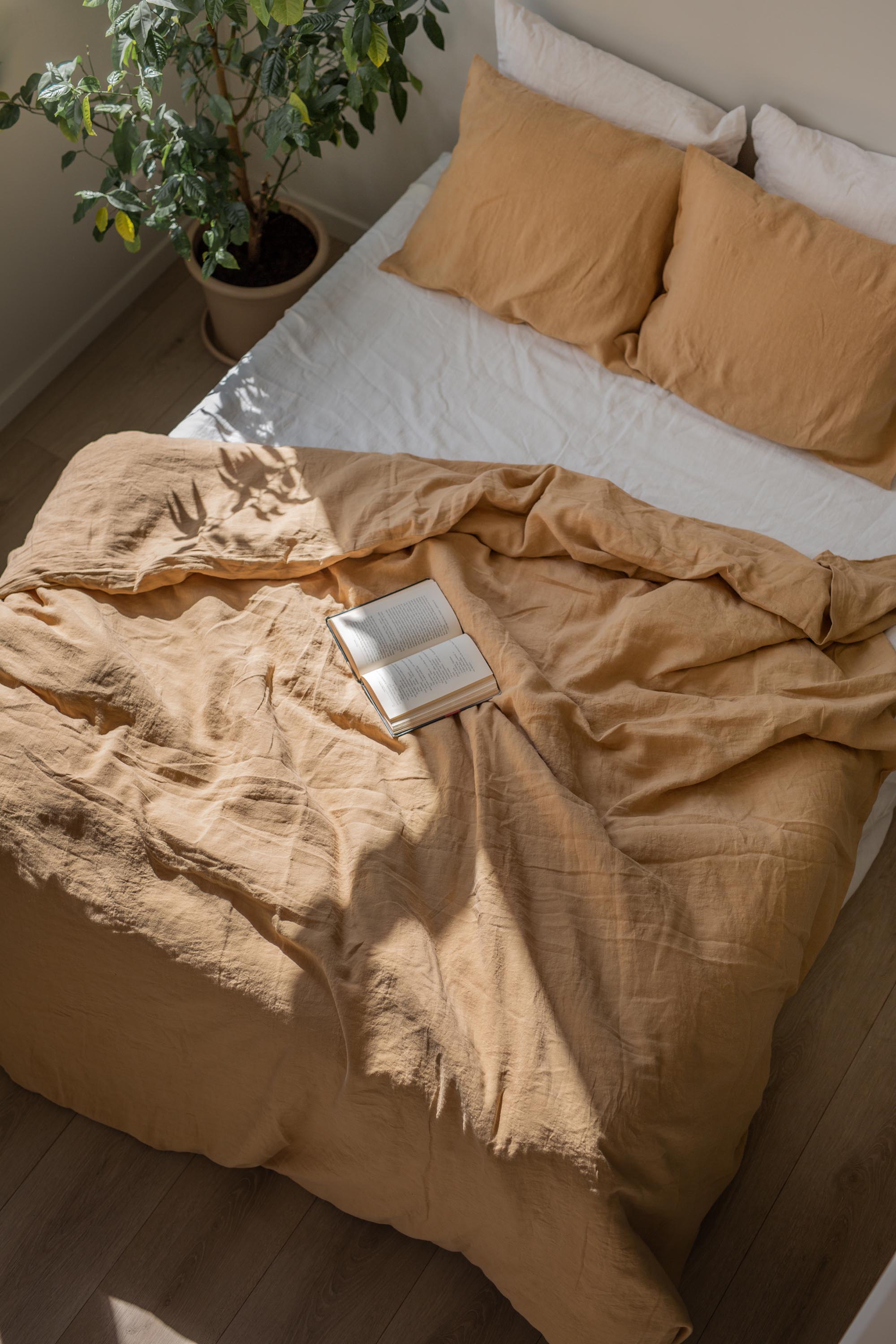 Top view of untidy LInen Bedding Set In Mustard By AmourLinen