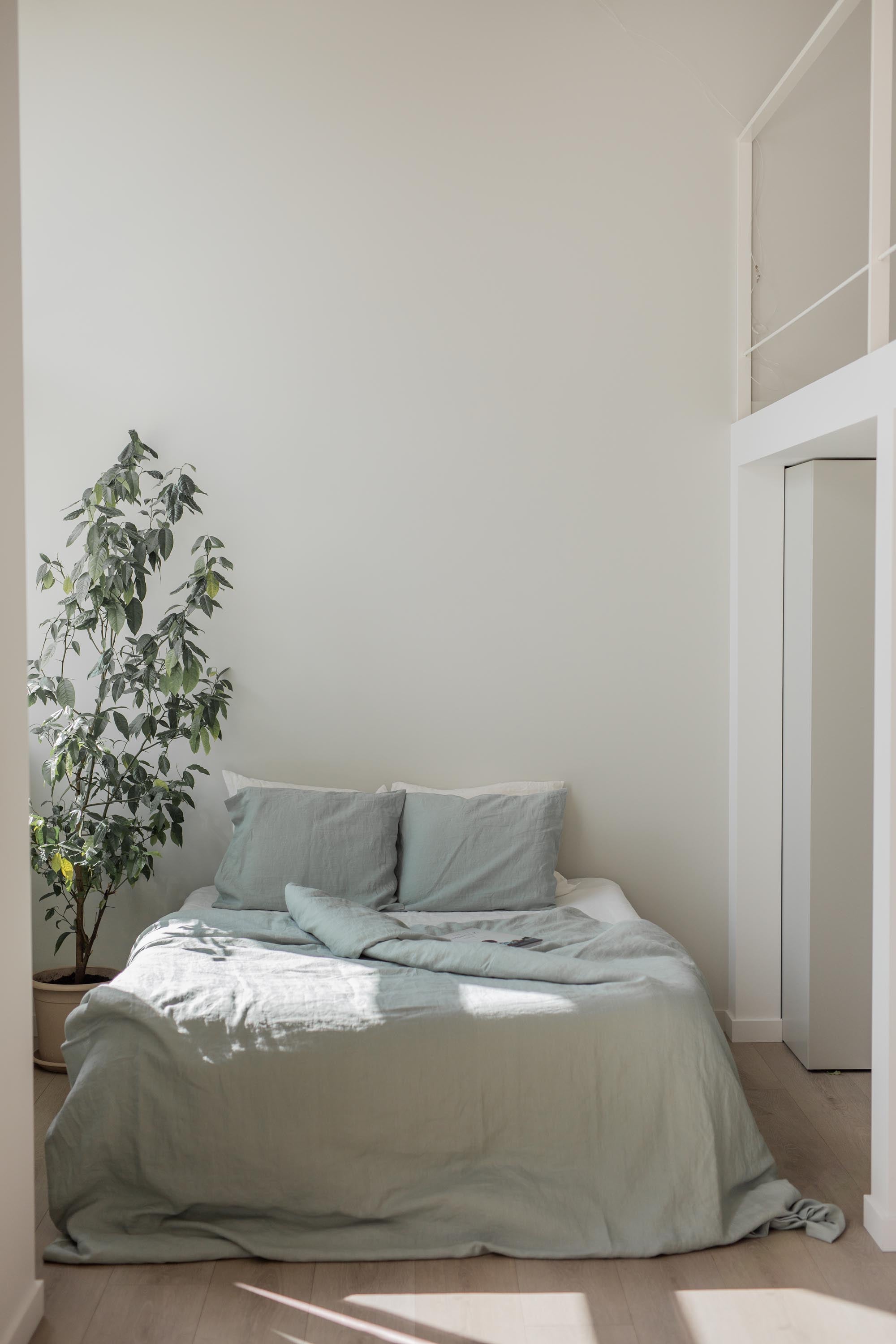 Undone Bed With Sage Green Linen Duvet Cover By AmourlInen