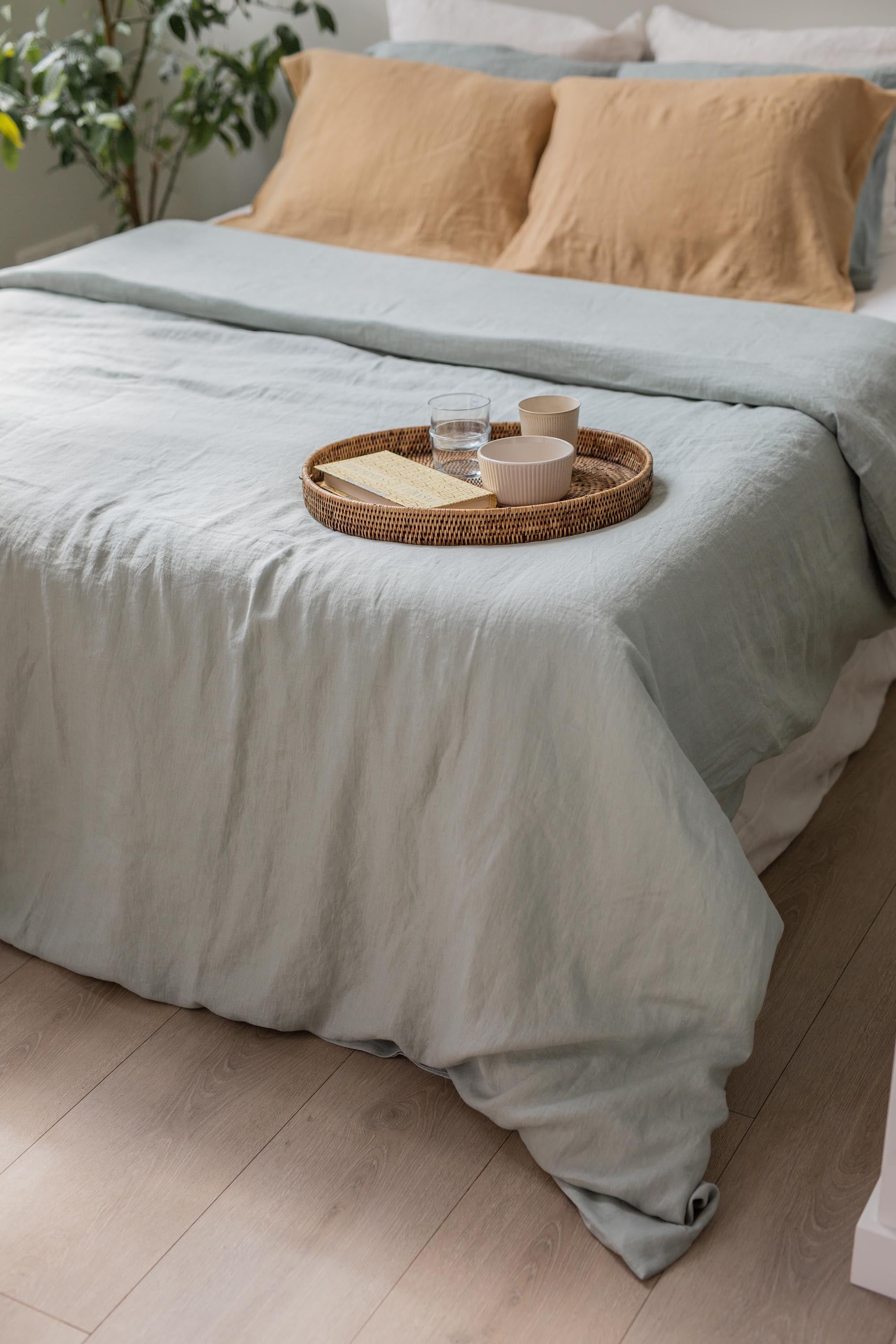 Breakfast in Bed With Sage Green Linen Duvet Cover By AmourlInen