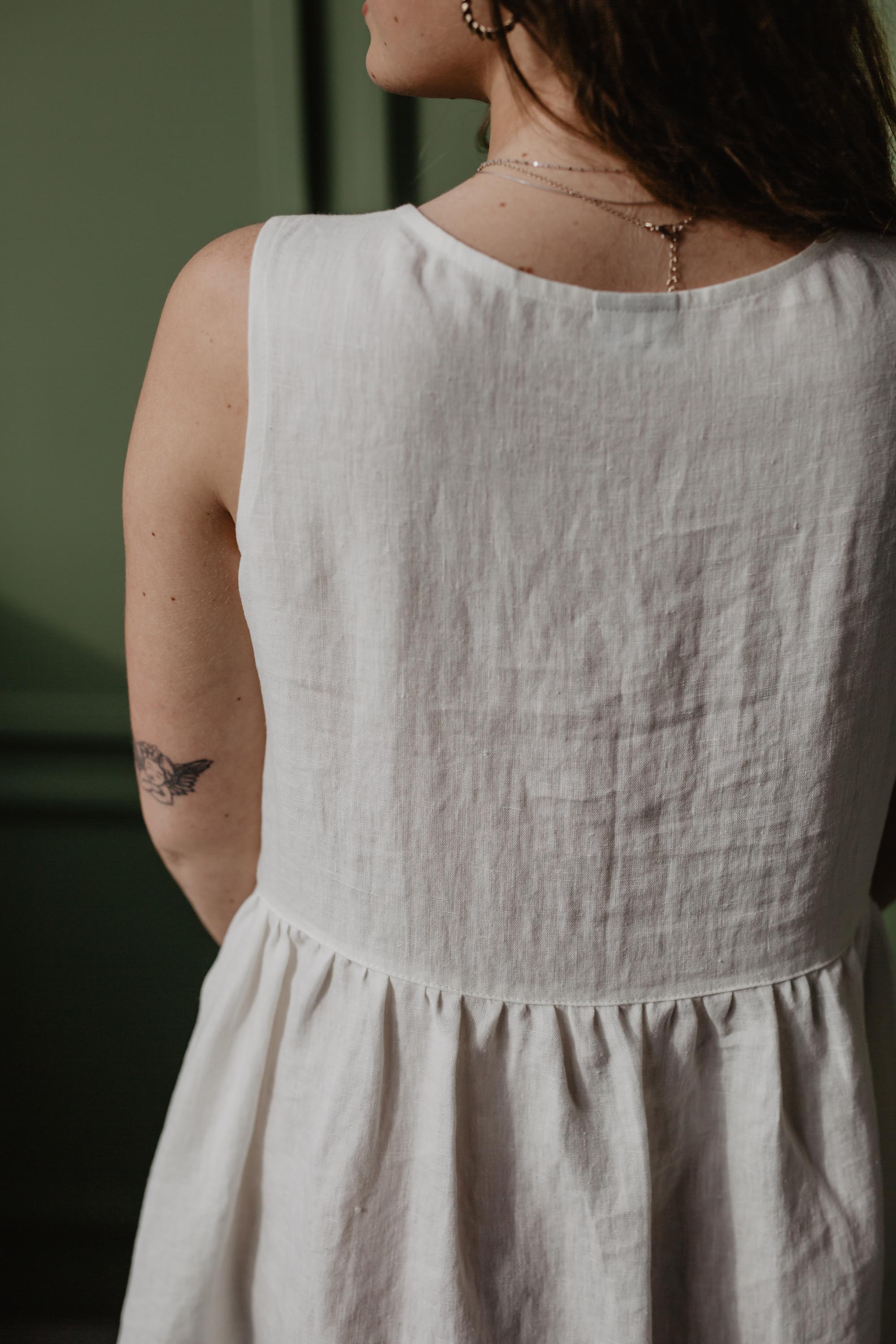 Close Up Of White Sleeveless Linen Summer Dress Back by AmourLinen