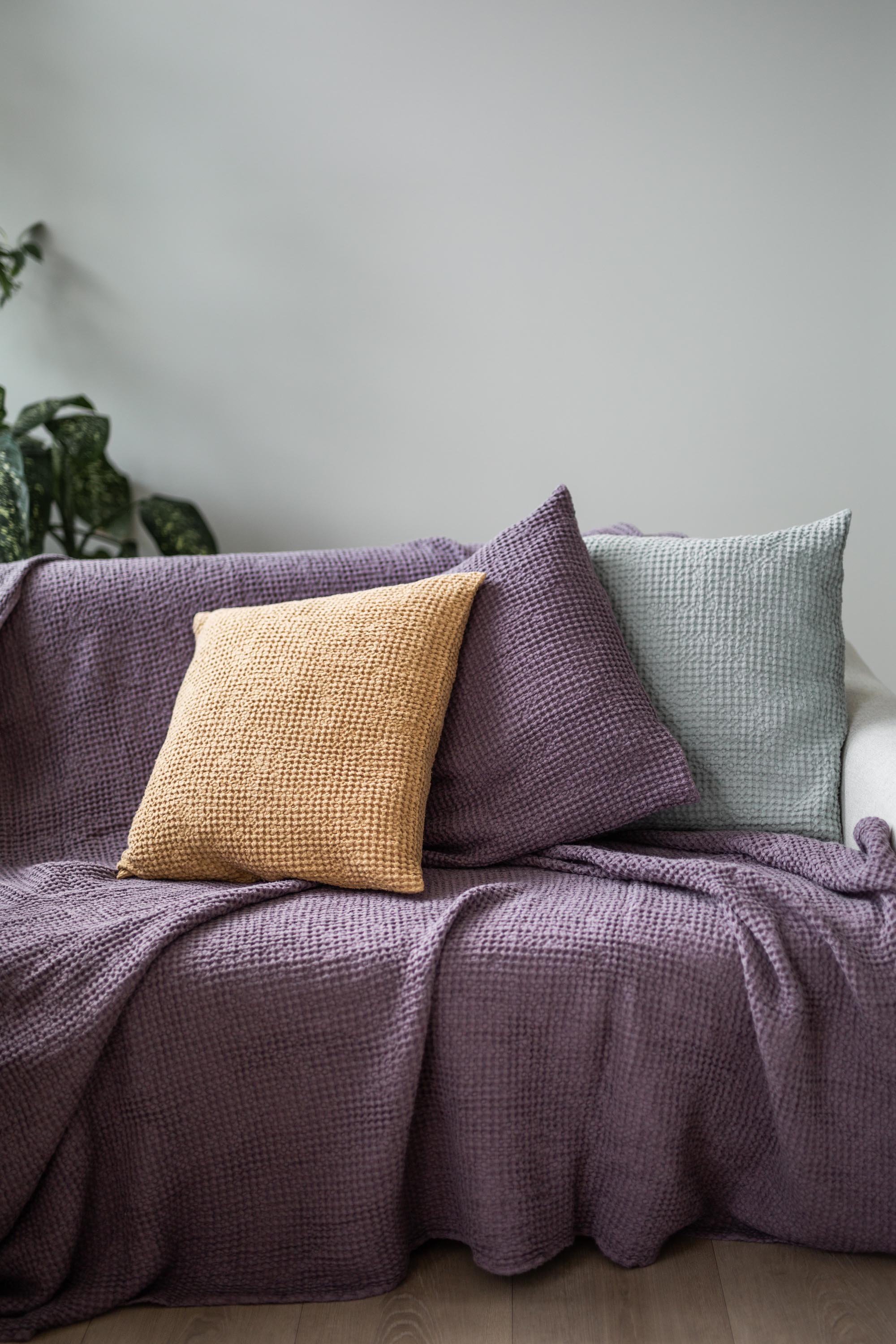 Dusty Lavender Linen Waffle Blanket On Sofa With Pillows By AmourLinen