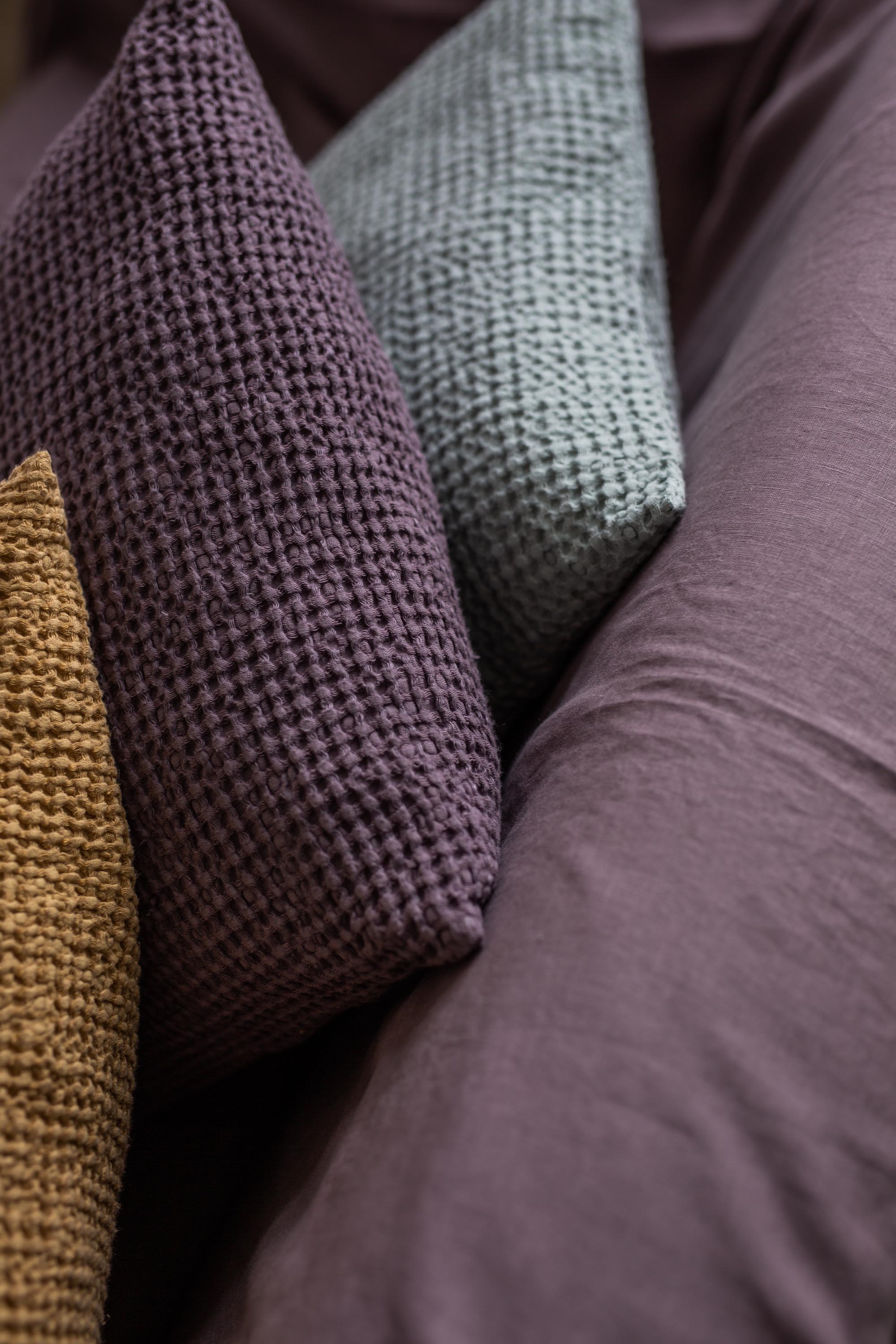 Close Up of Dusty Lavender Linen Couch Cover And Pillows By Amourlinen