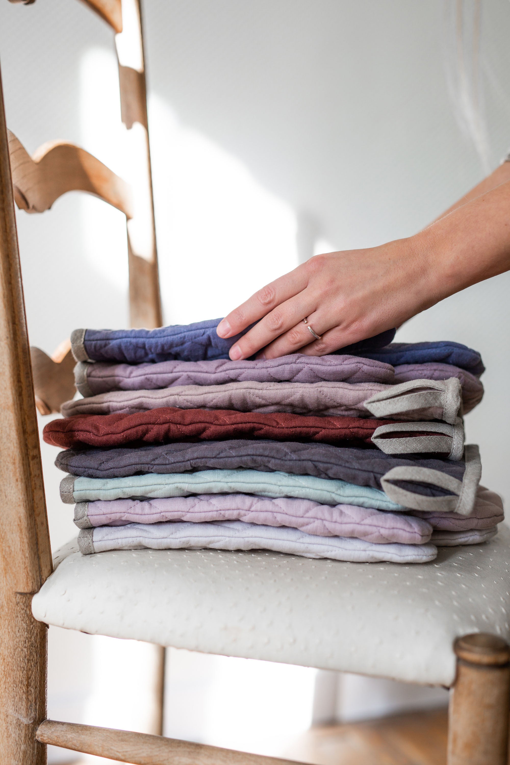 Stacked Various Color Linen Oven Mitts By Amourlinen