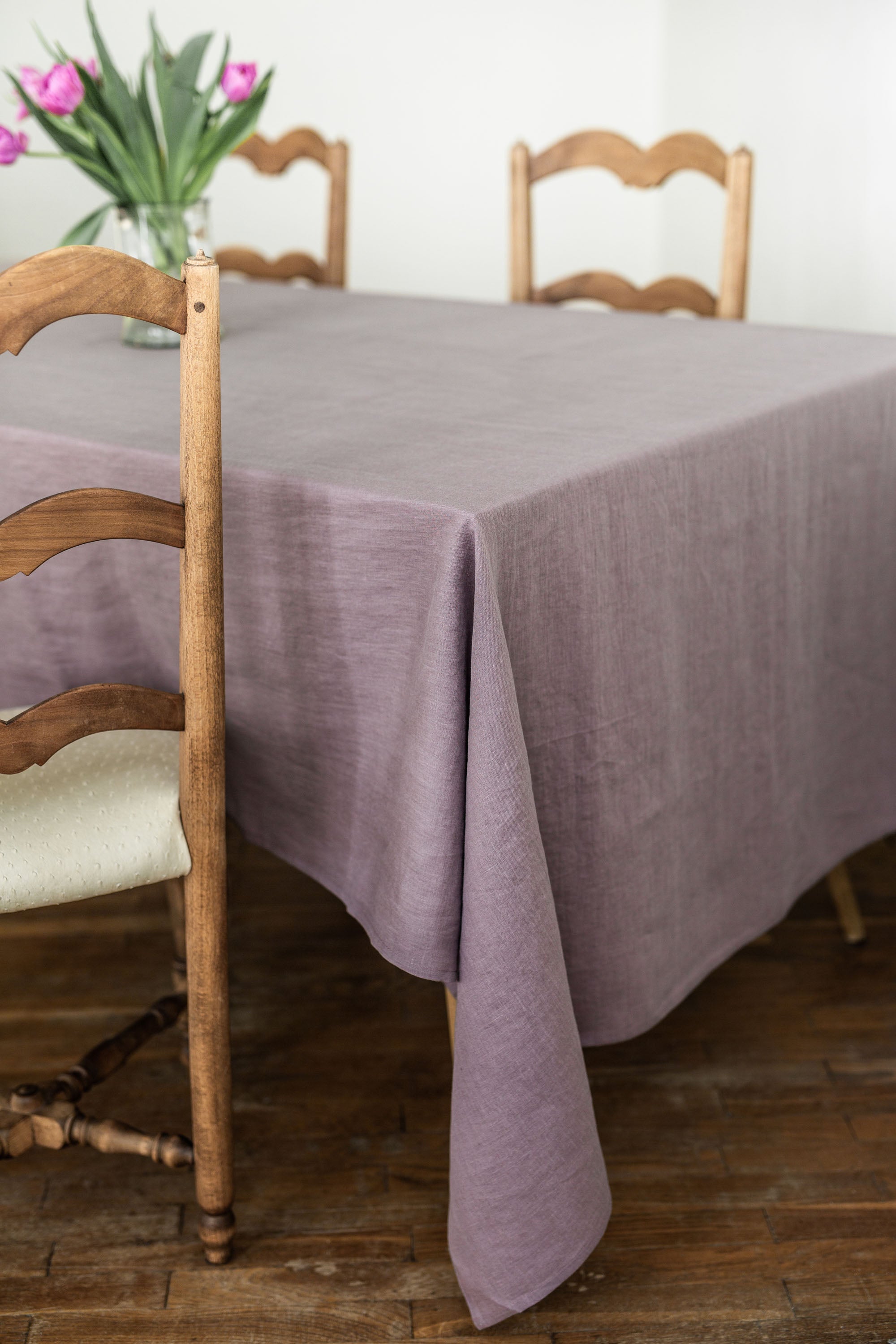 Close Up Of Dusty Lavender Dinner Table Tablecloth By Amourlinen
