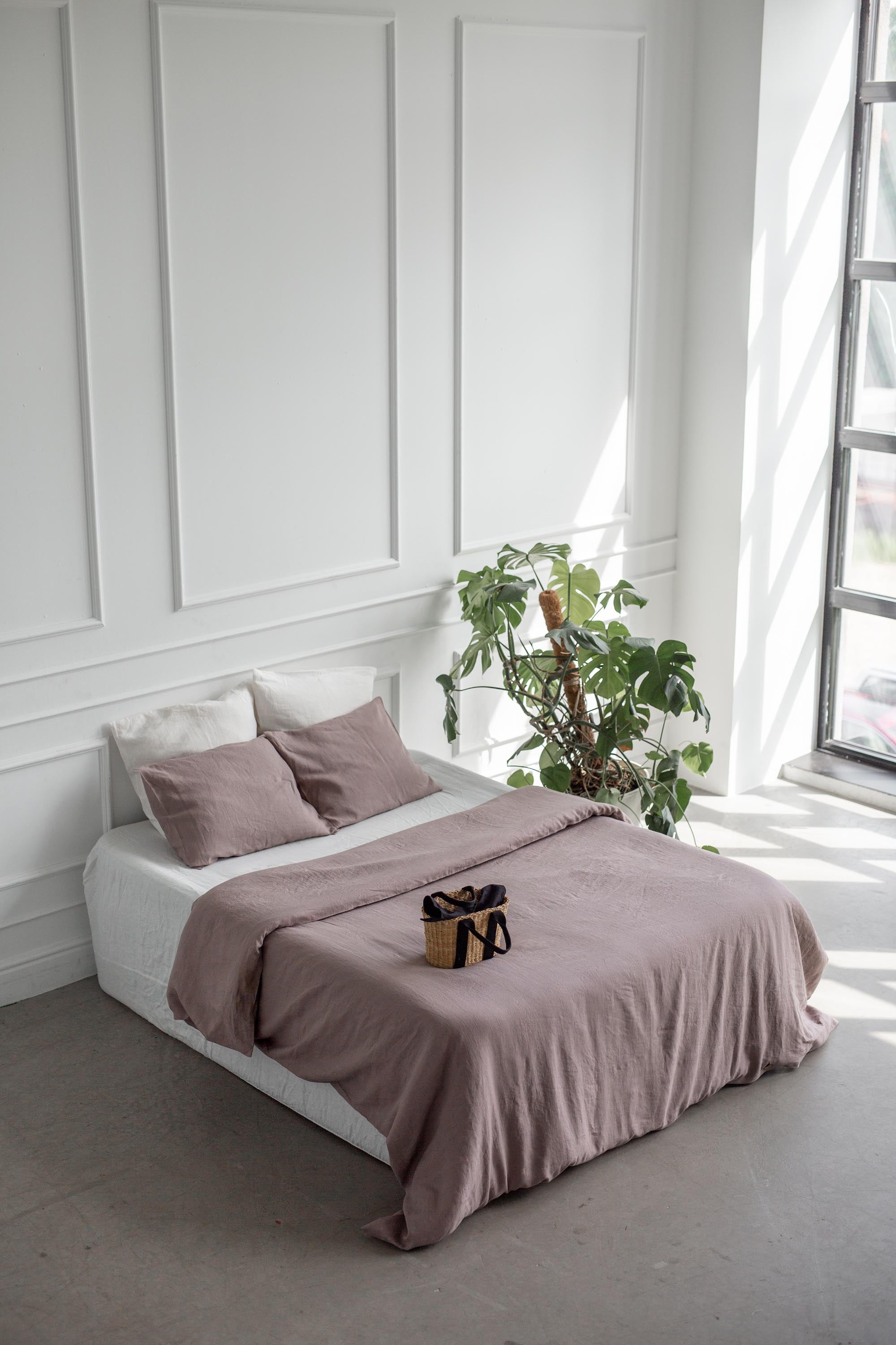Minimalistic Room With Bed That IS Covered With A Linen Duvet Cover In Rosy Brown By AmourlInen