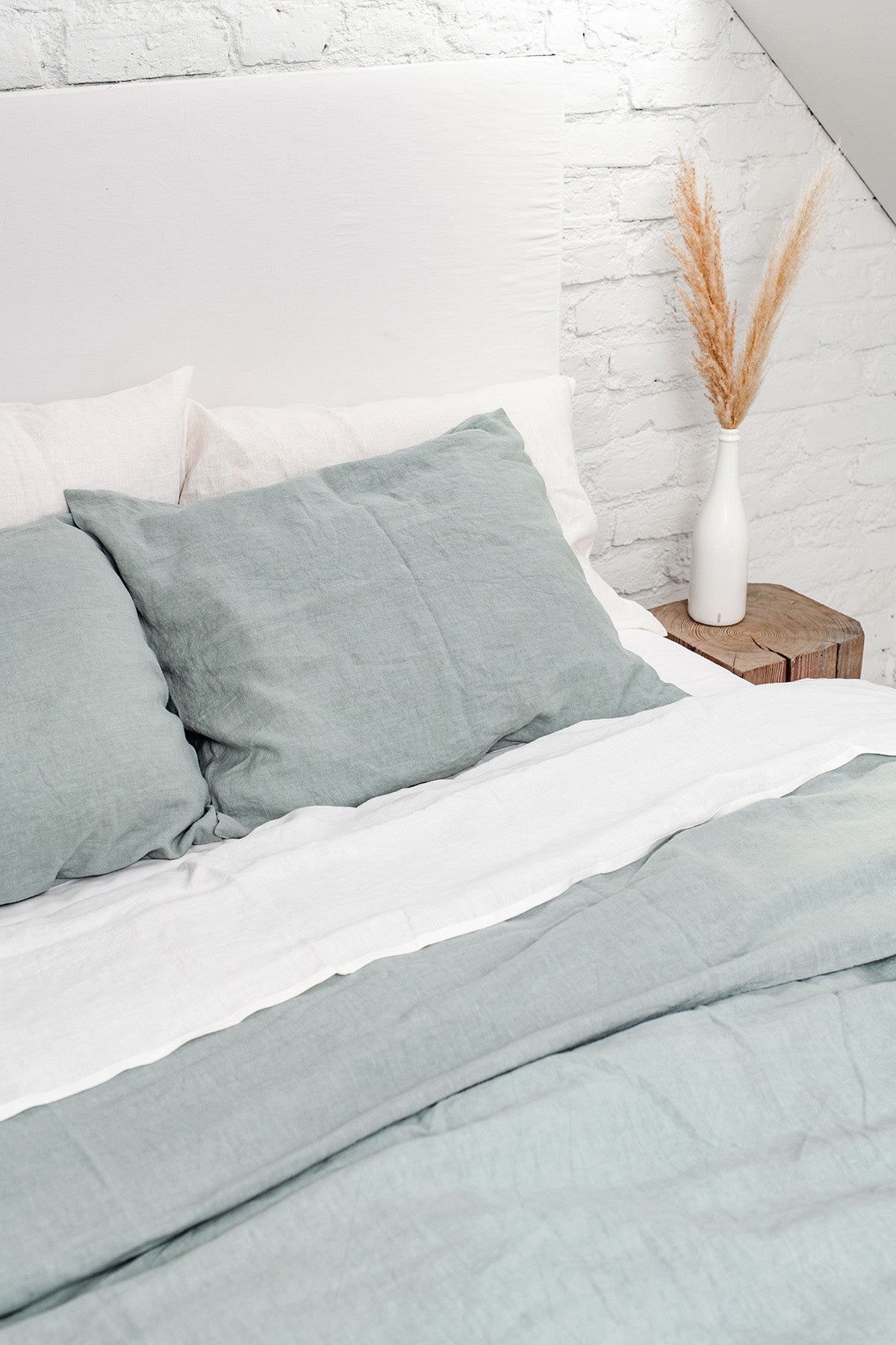 Sage Green Linen Sheet Set on bed By AmourLinen