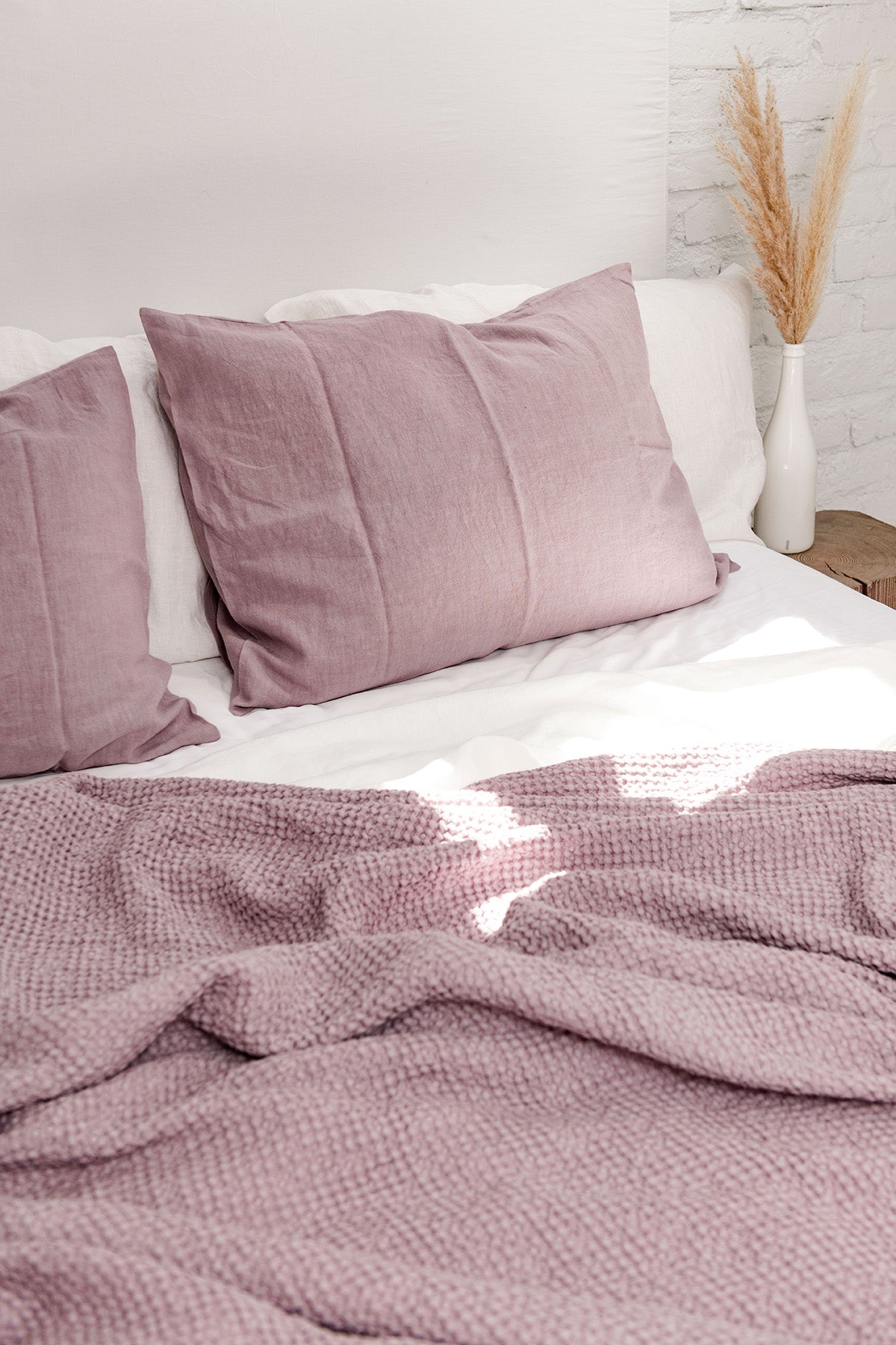 Dusty Rose Linen Waffle Blanket On Bed By AmourLinen