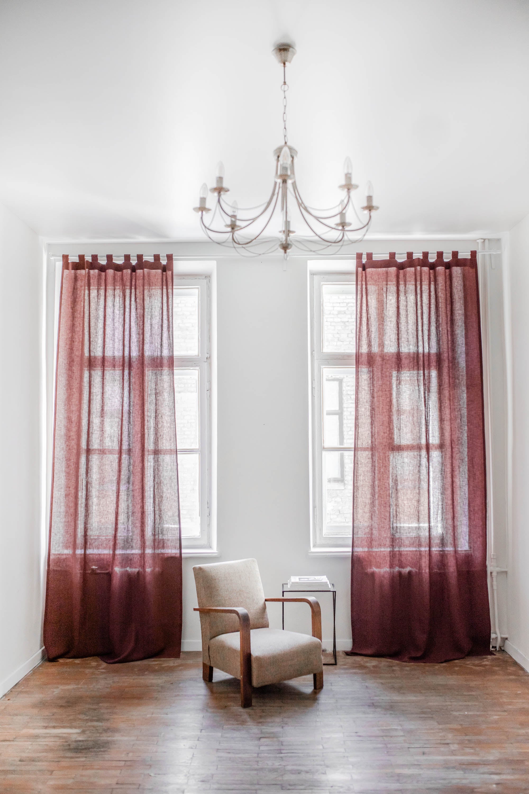 White Spacious Room WIth Terracotta Tab Top Linen Curtains By AmourLinen