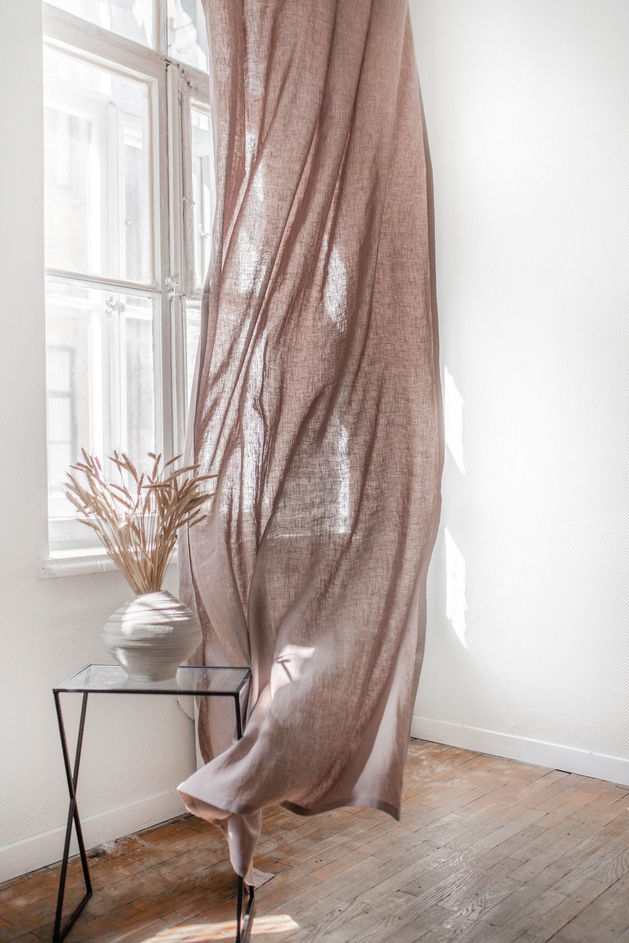 Rosy Brown Tab Top Linen Curtains Cought In Wind