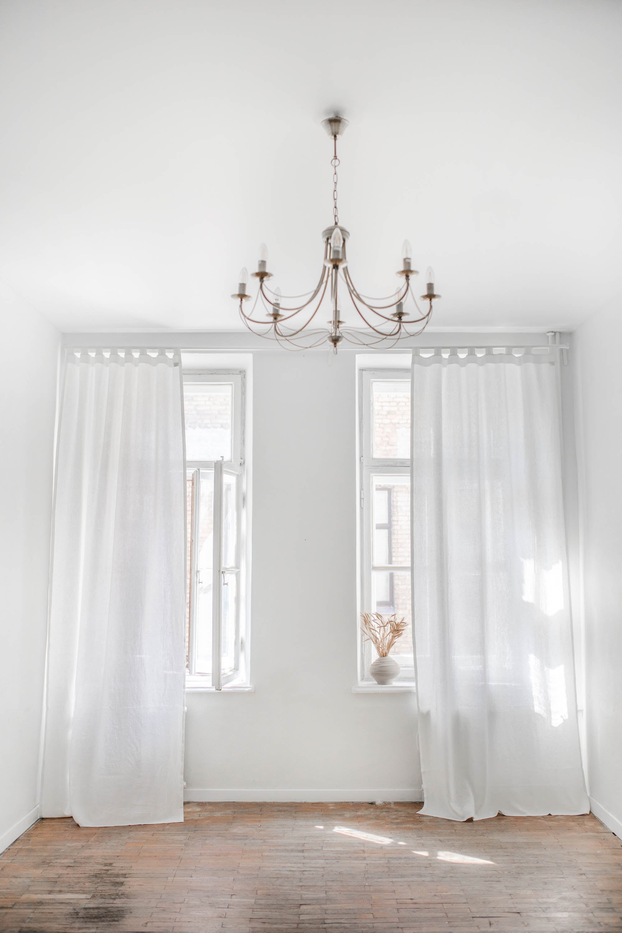 White Spacious Room WIth White Tab Top Linen Curtains By AmourLinen