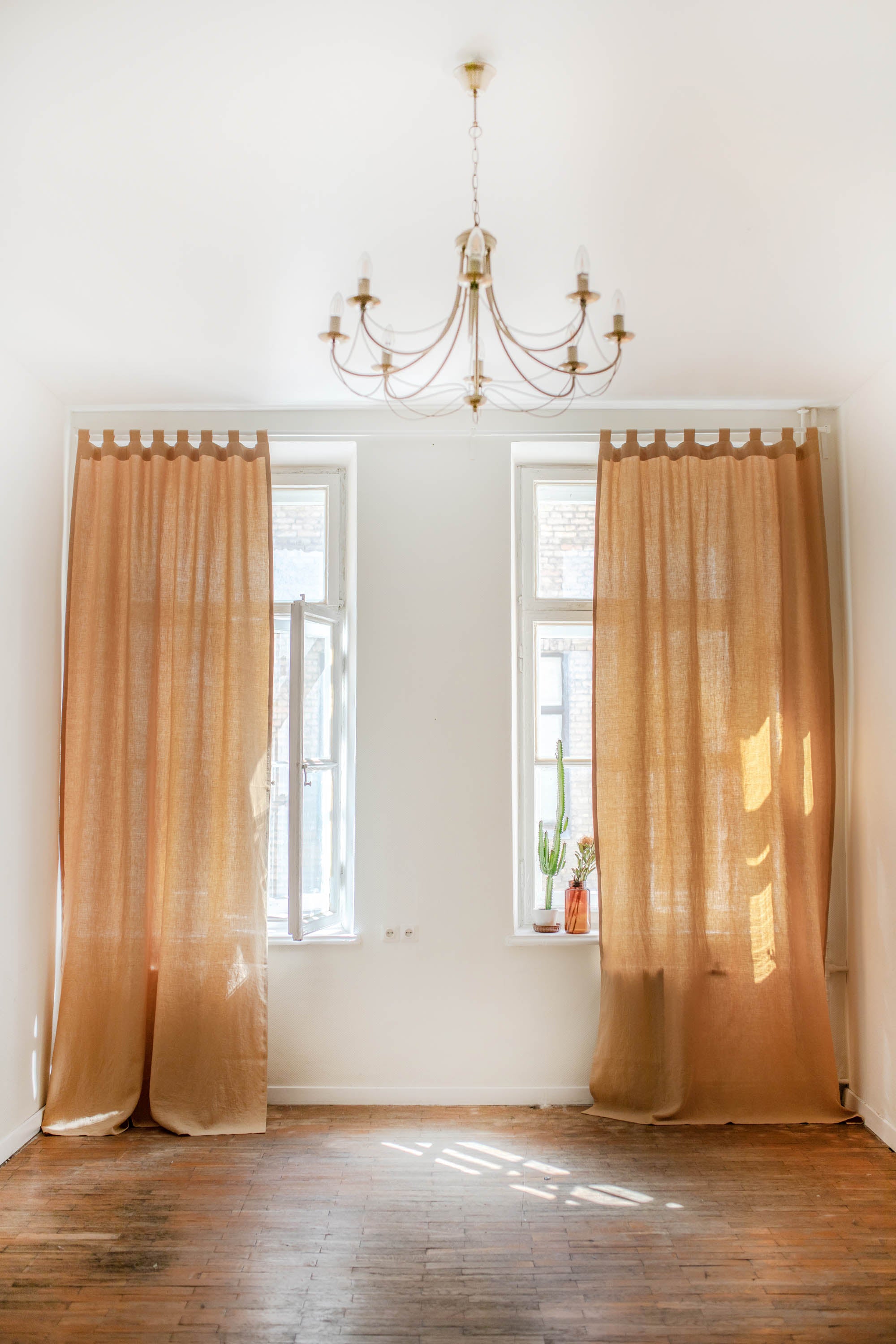 White Spacious Room WIth Mustard Tab Top Linen Curtains By AmourLinen