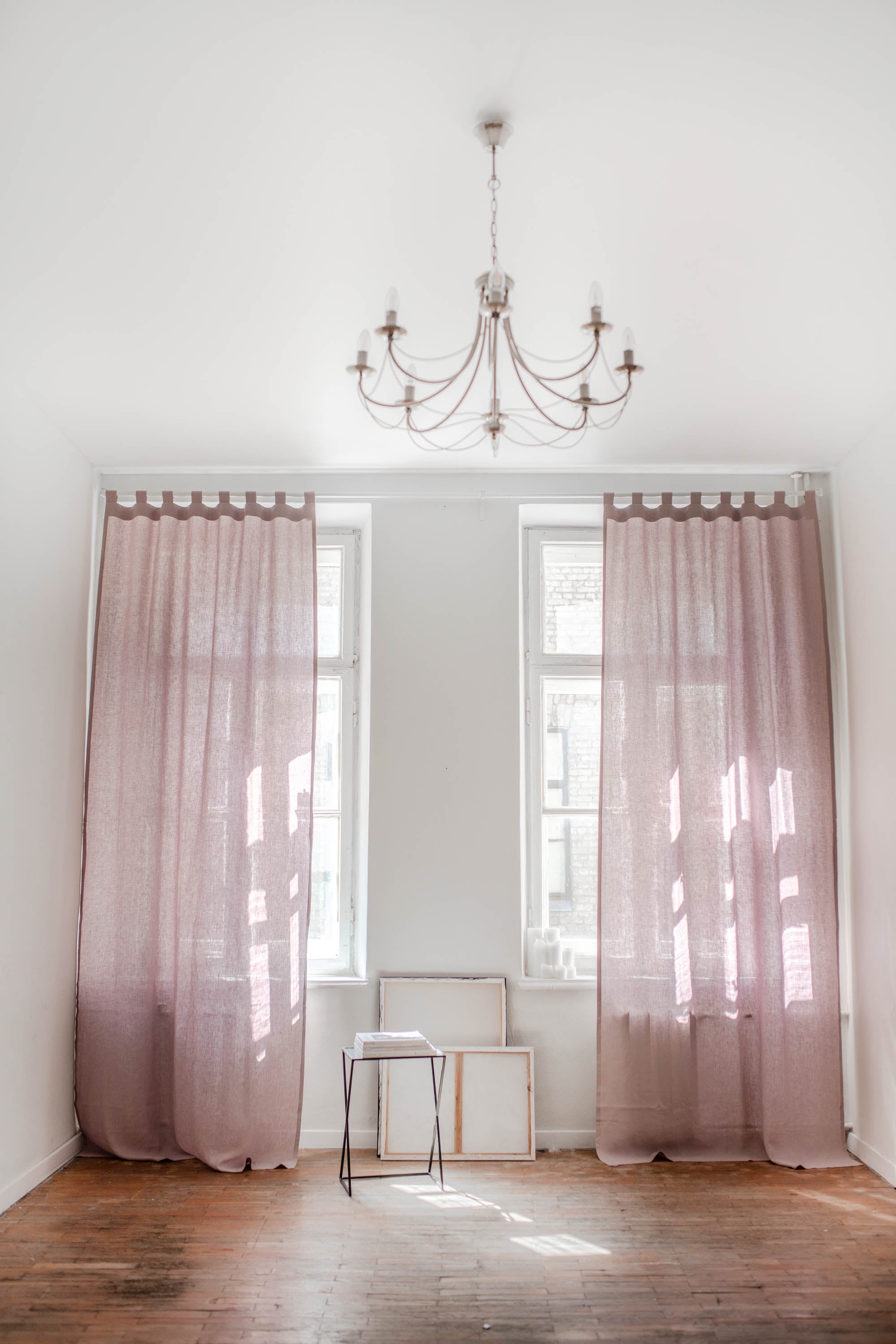White Spacious Room WIth Rosy Brown Tab Top Linen Curtains By AmourLinen