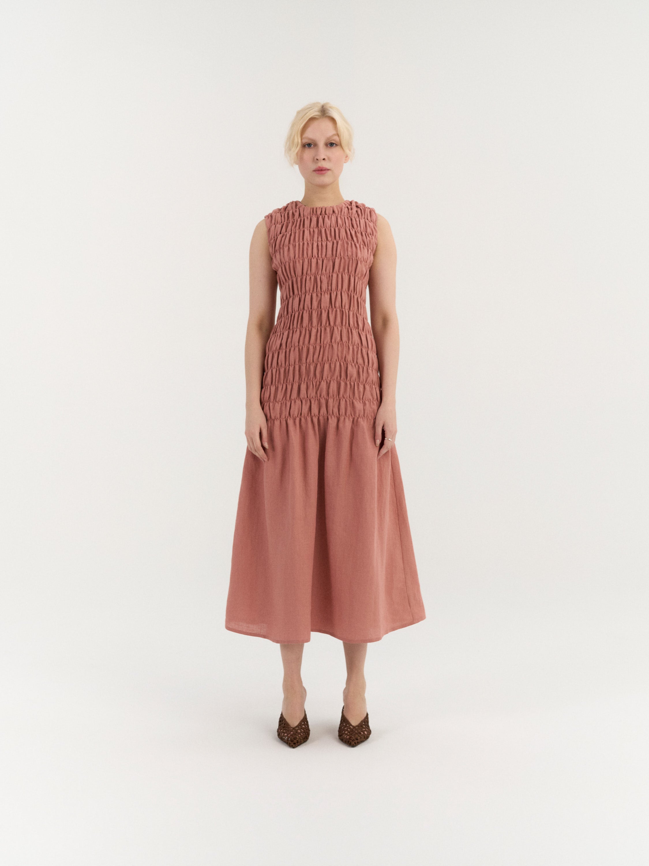 a line smocked dress Becca Corset Smocked A-Line Midi Dress L