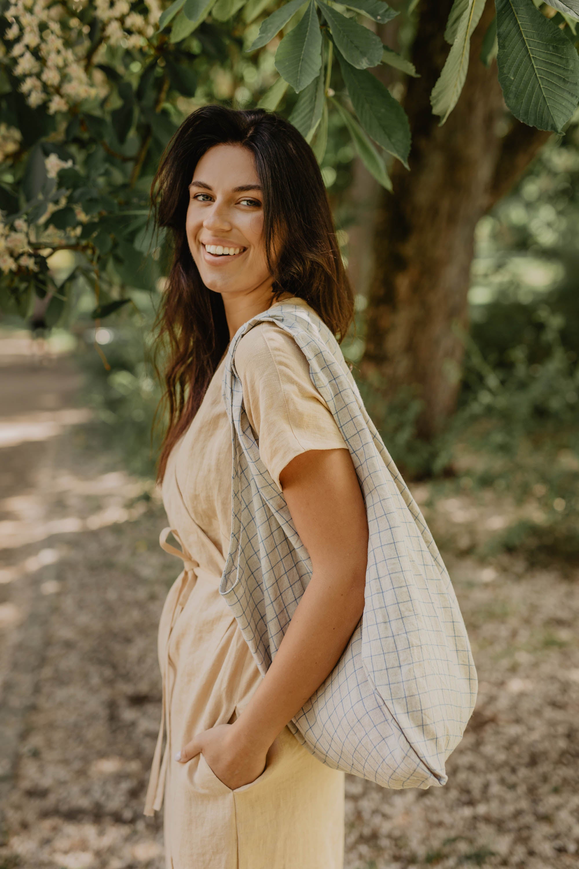 Woman In A Park With A Checkered Linen Tote Bag By Amourlinen