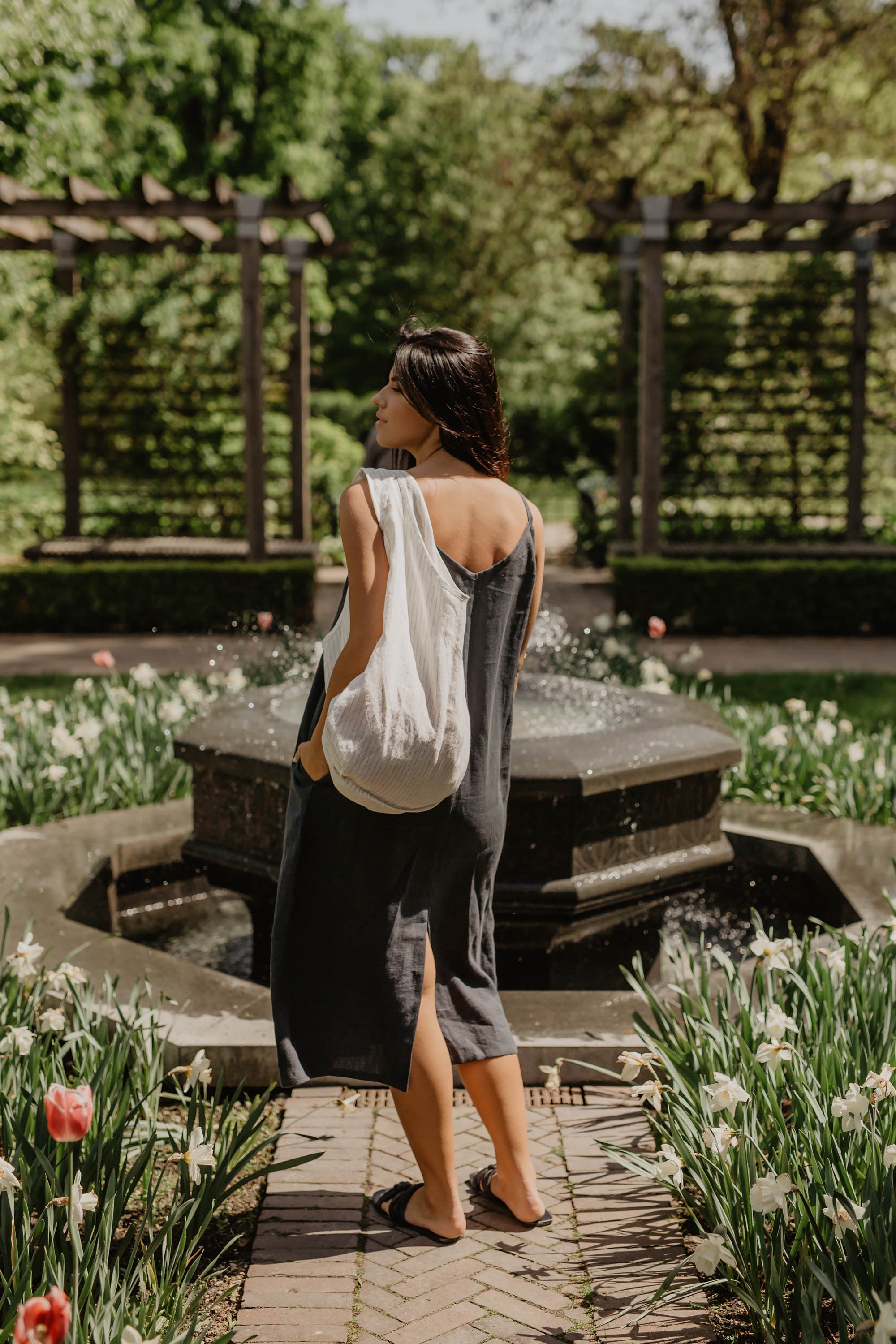 Woman In A Park With A White Linen Tote Bag By Amourlinen