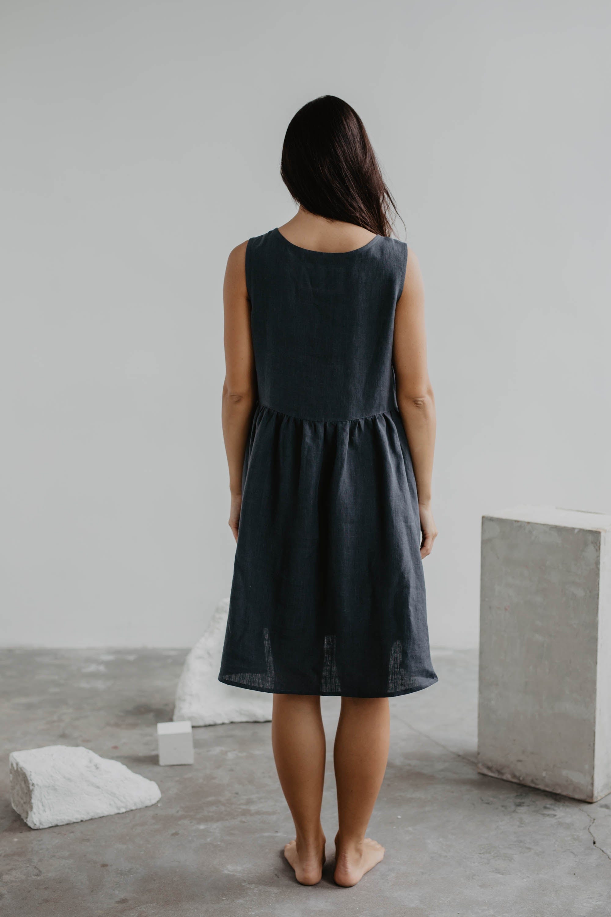 Plain linen sleeveless long dress, Minimal linen dress, Black linen middle length dress, Minimalist linen dress, Linen sun hot dress