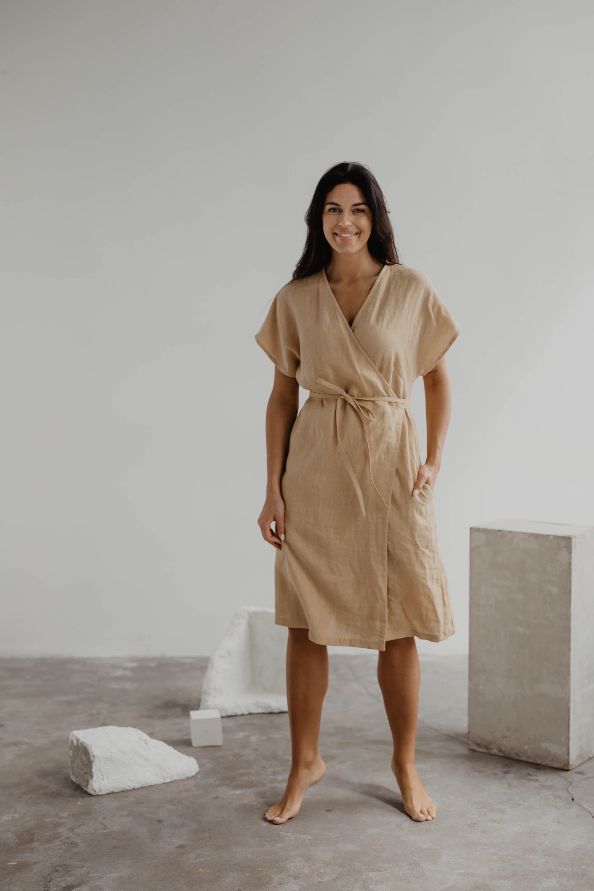 AmourLinen Linen dress Linen wrap dress OLIVIA in Mustard Linen wrap dress OLIVIA in Mustard