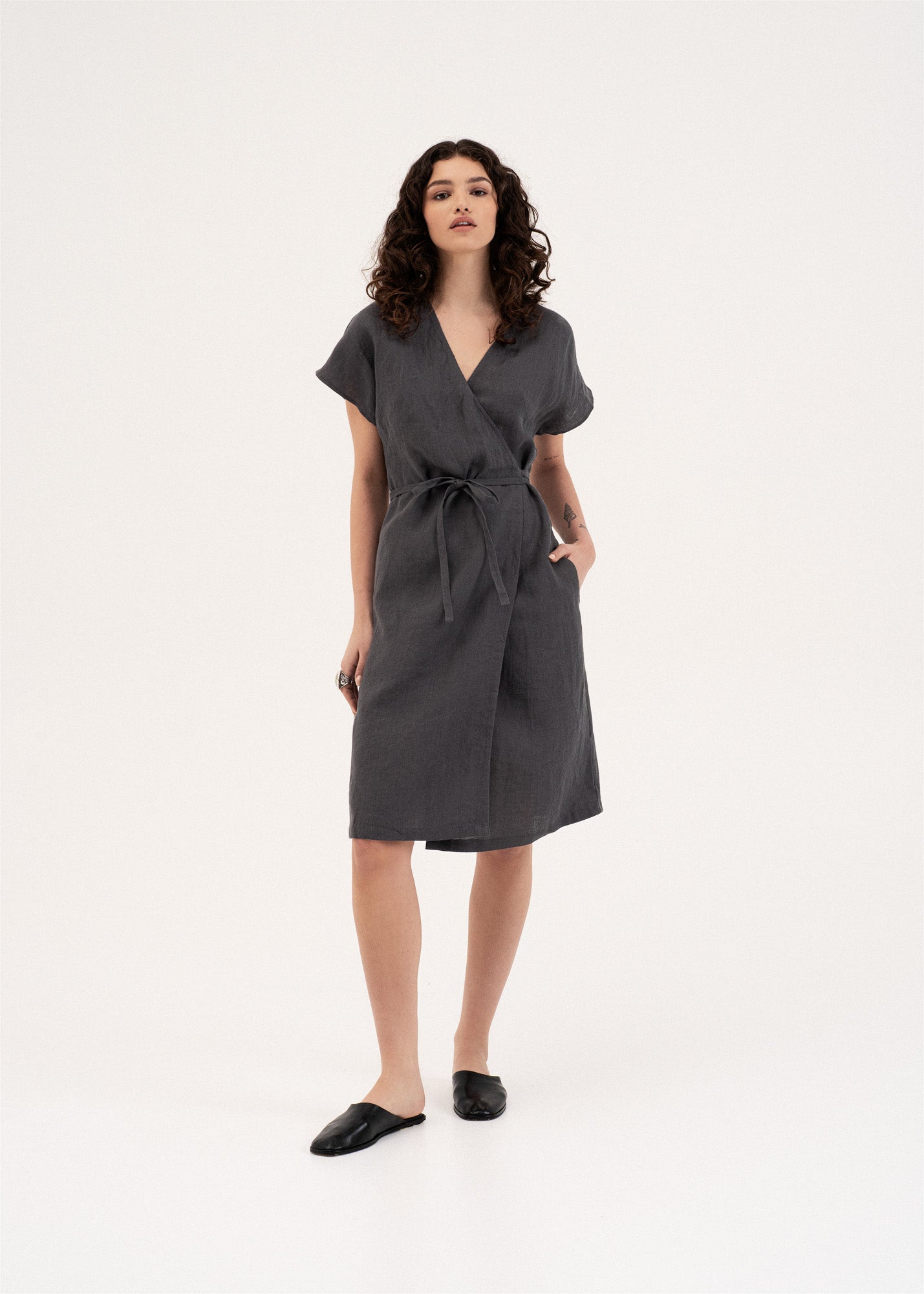 linen wrap dress women 3/4 Sleeve Obi Wrap Dress Miley XS / Pure Red