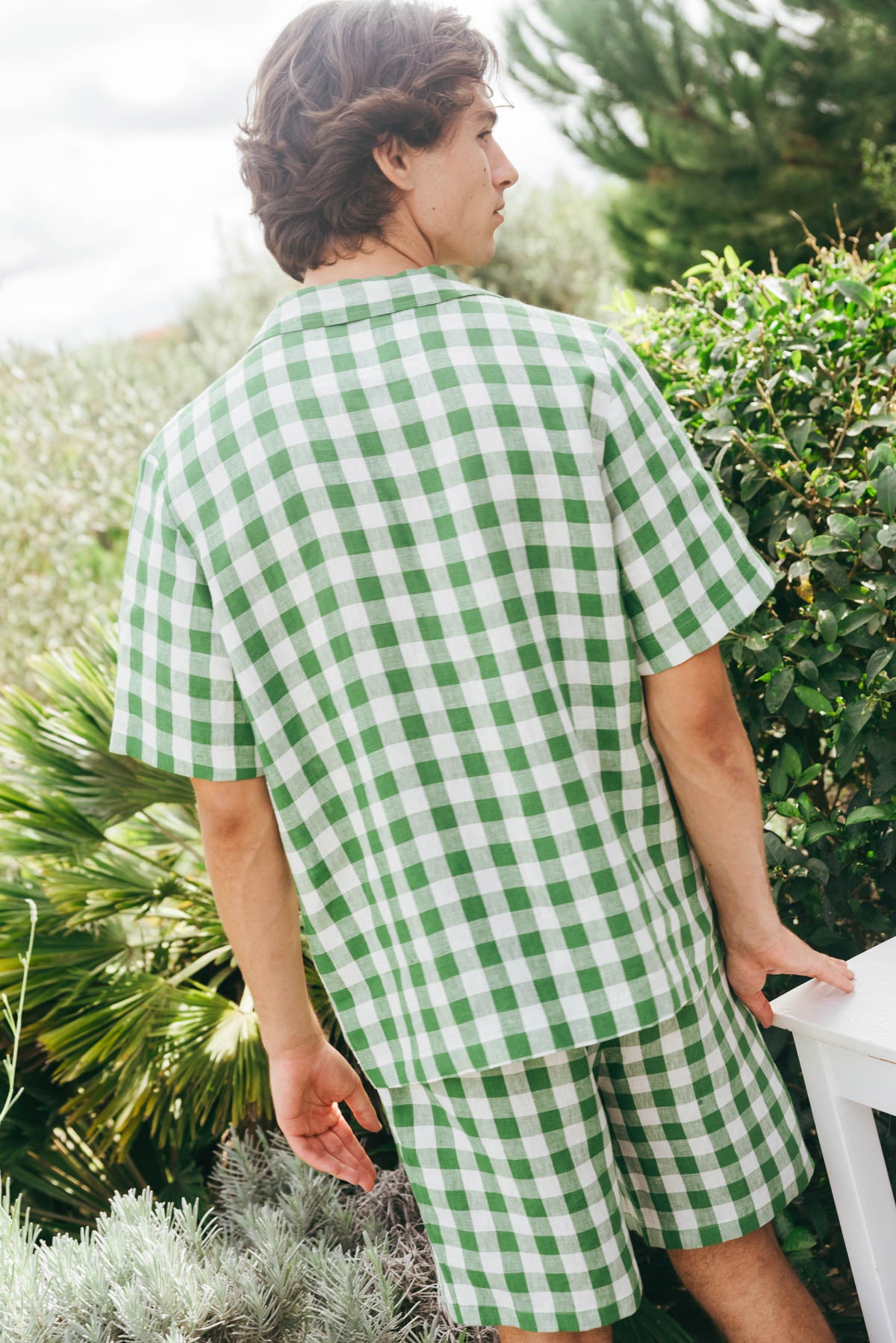 Linen loungewear shorts set ASPEN in Green Gingham