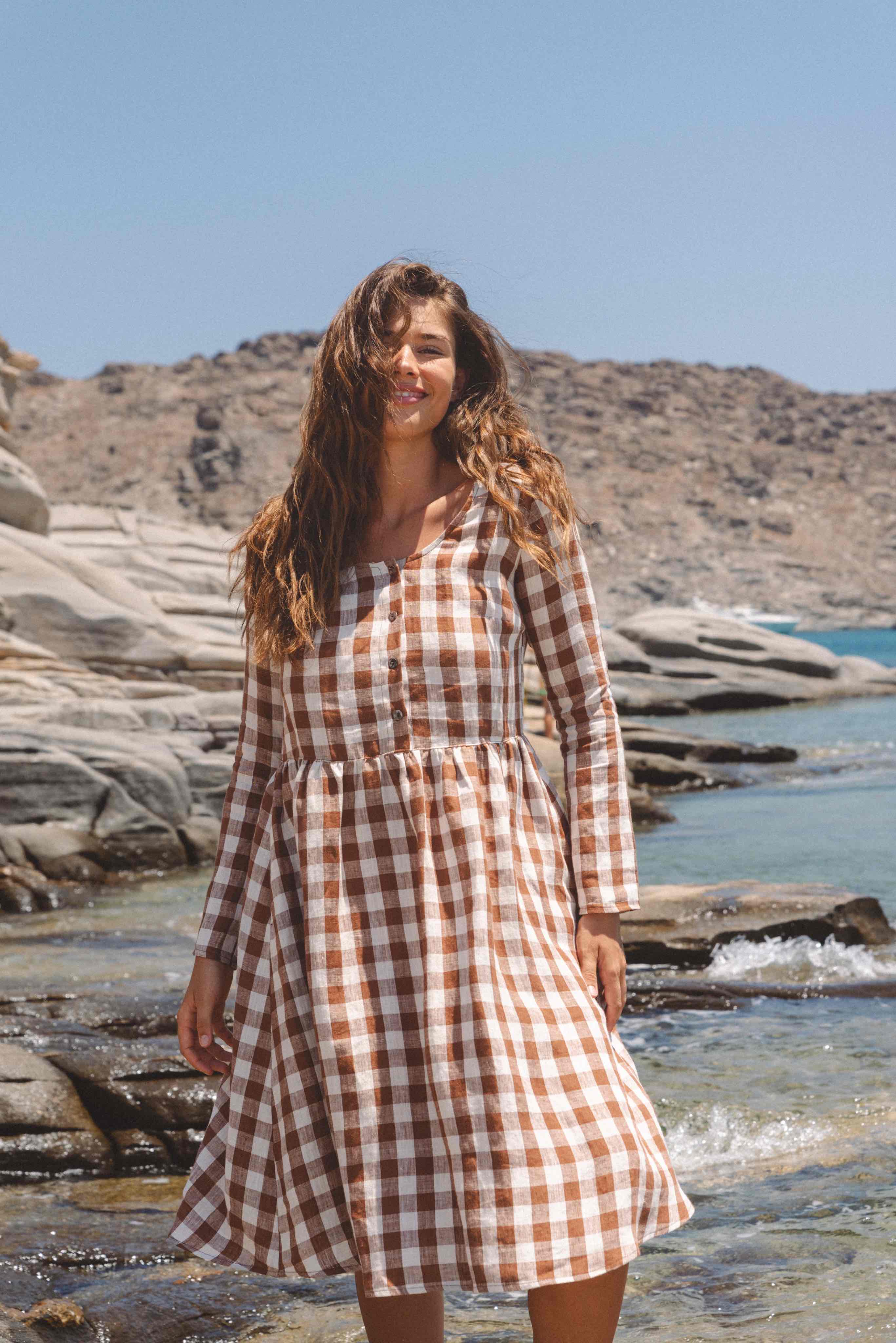 LAPLAND mid-length linen dress in Mocha Gingham