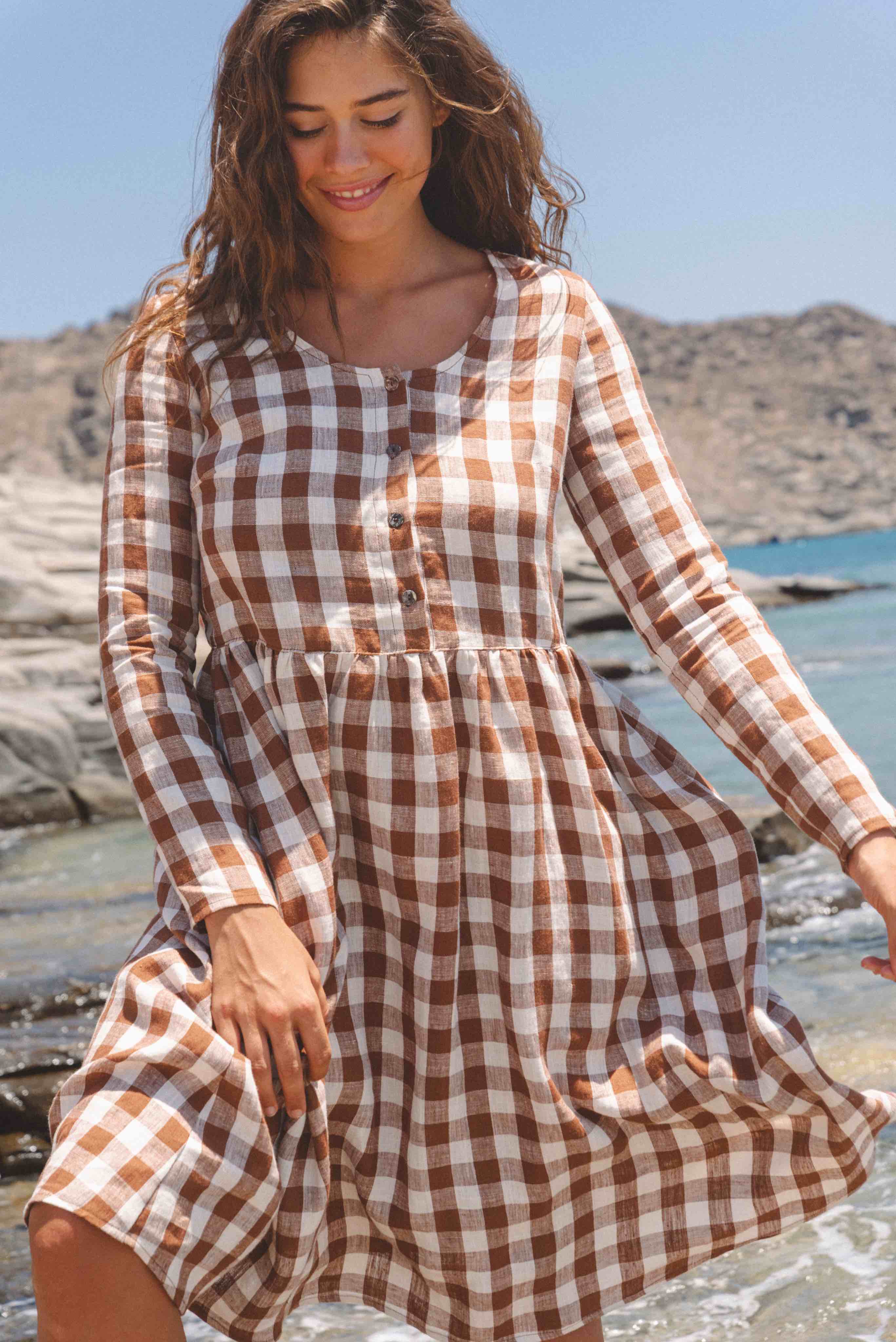 LAPLAND mid-length linen dress in Mocha Gingham