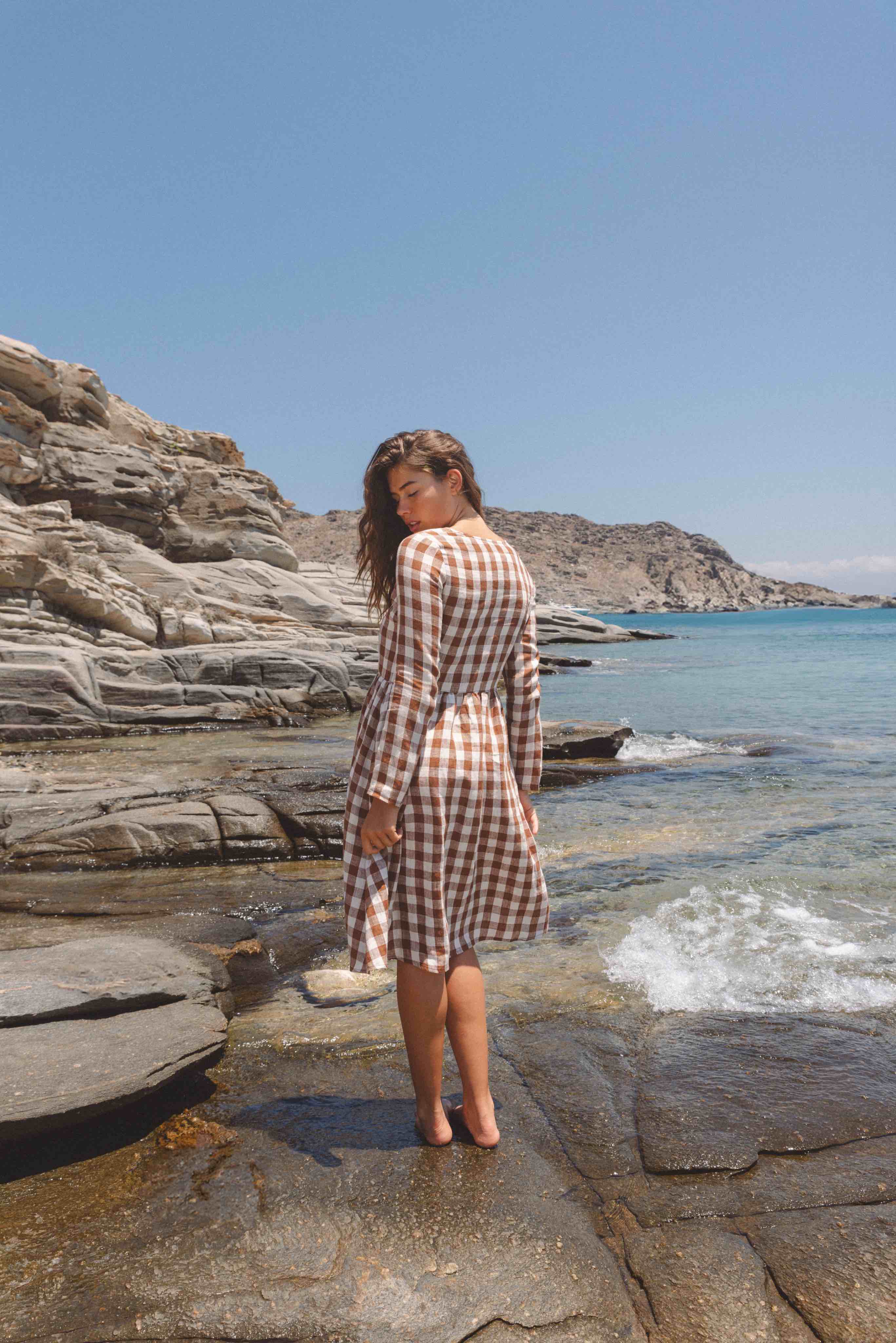 LAPLAND mid-length linen dress in Mocha Gingham