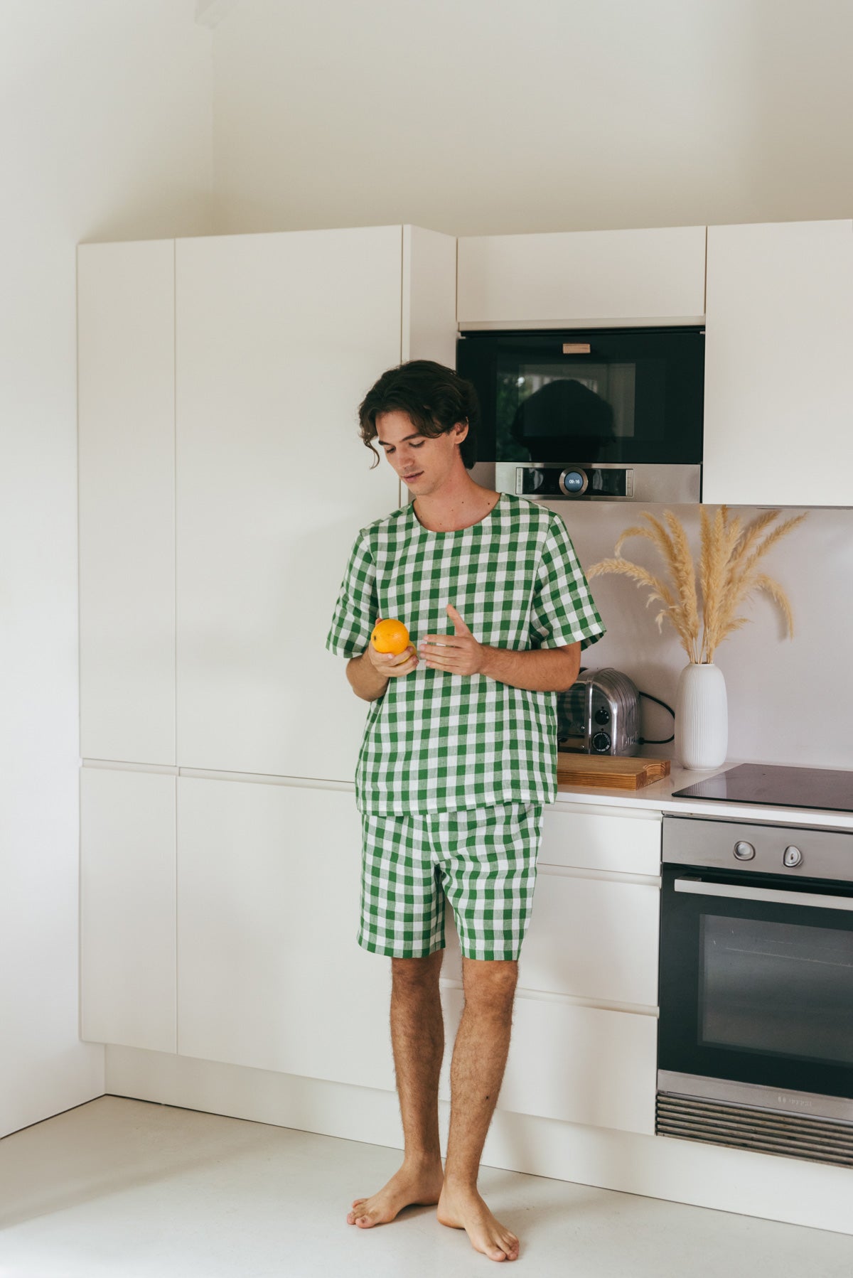 Linen shorts pyjama set BILLY in Green Gingham