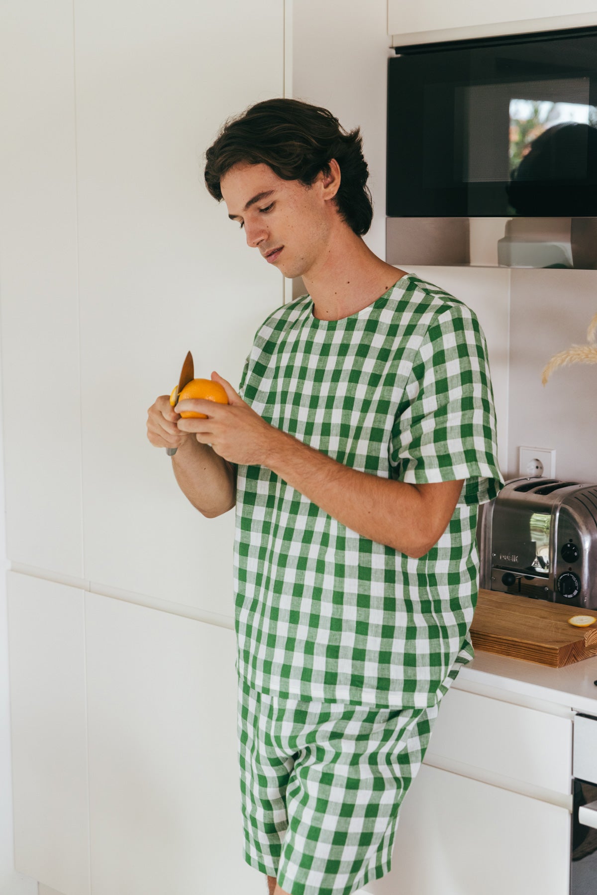 Linen shorts pyjama set BILLY in Green Gingham