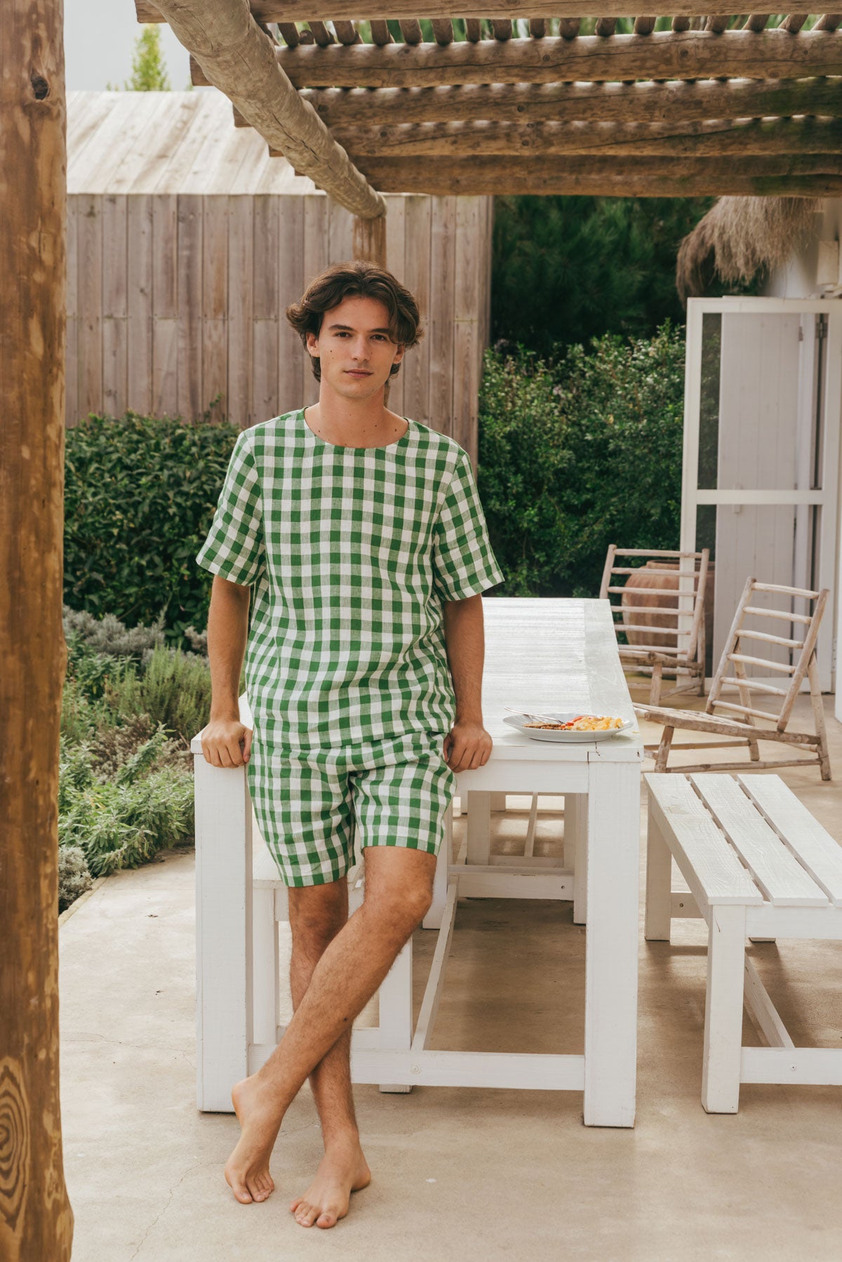 Linen shorts pyjama set BILLY in Green Gingham