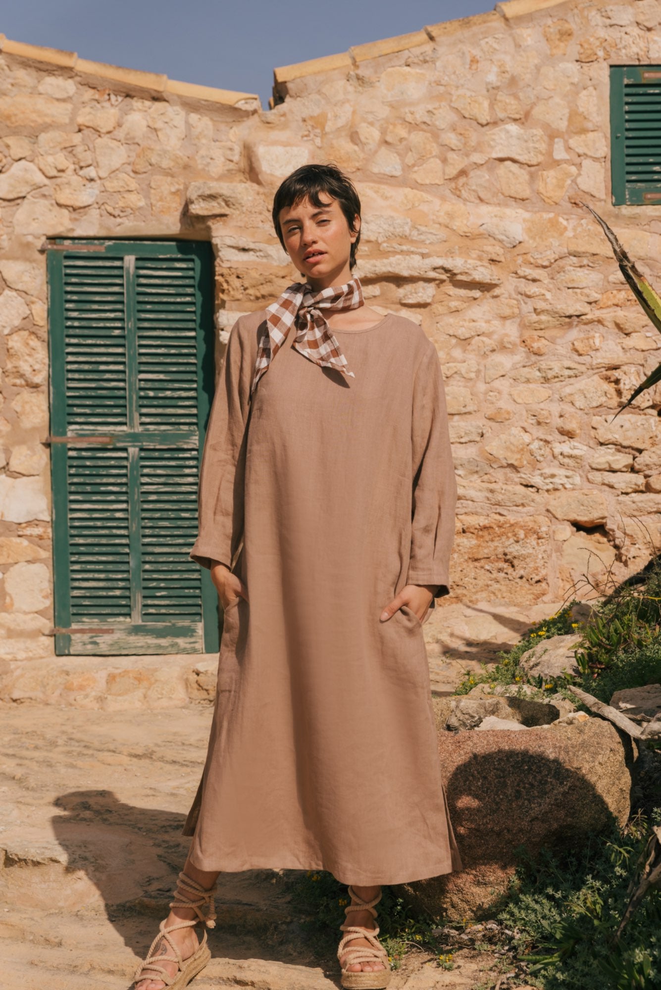 Amalia long-length linen dress XXL Rosy Brown