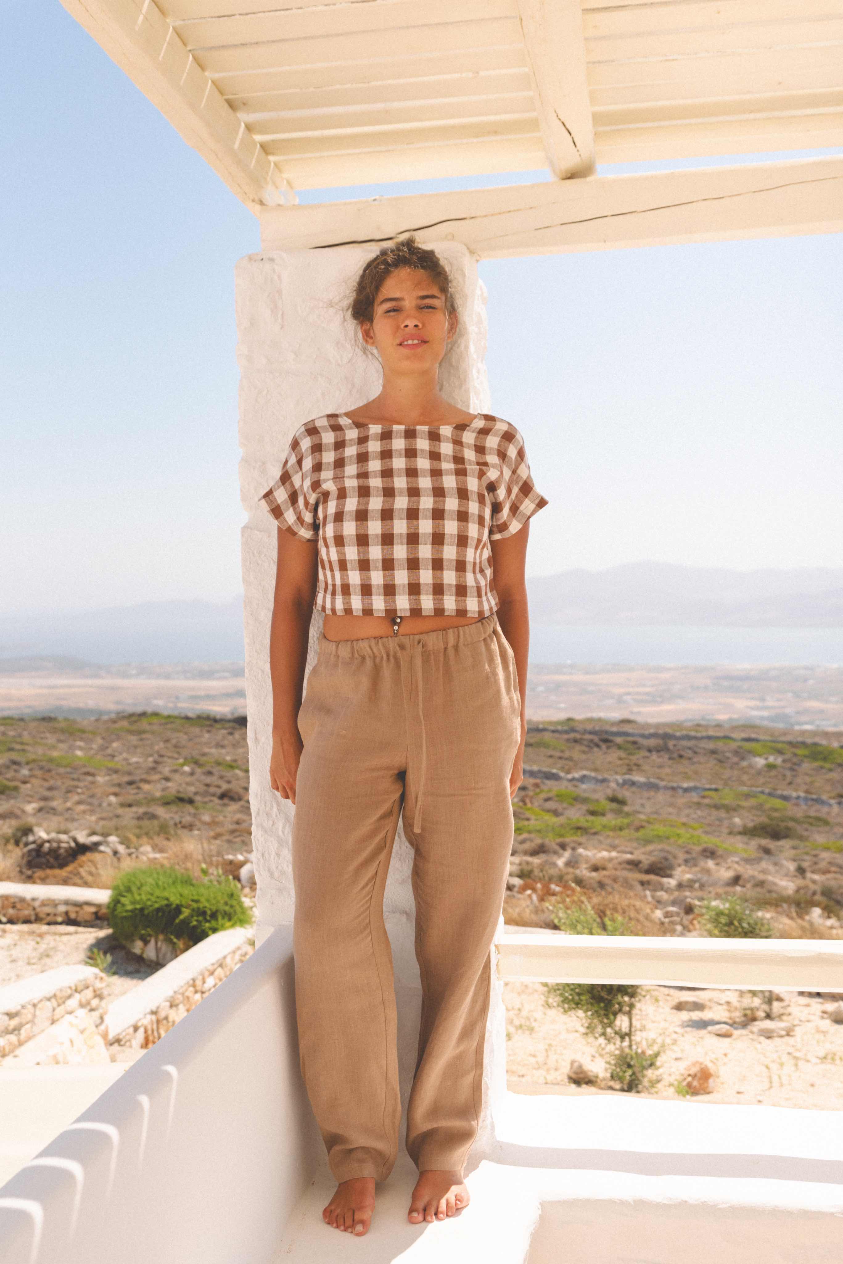 Linen crop top with buttons LISA in Mocha Gingham