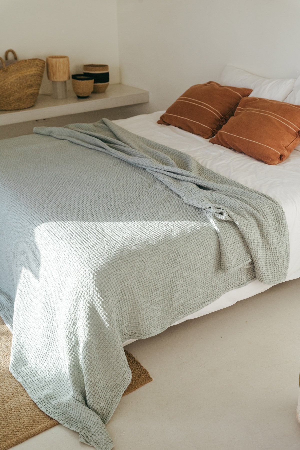 Linen waffle bed throw in Sage Green