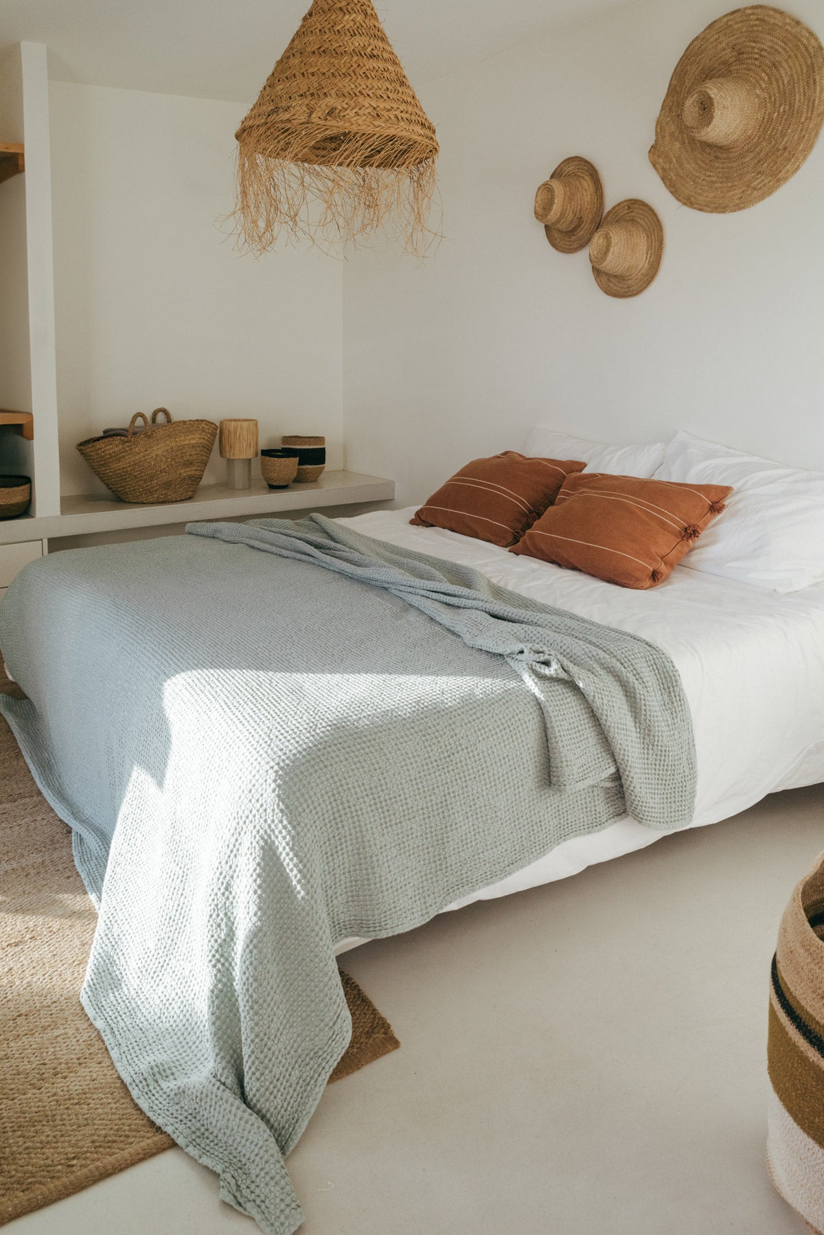 Linen waffle bed throw in Sage Green