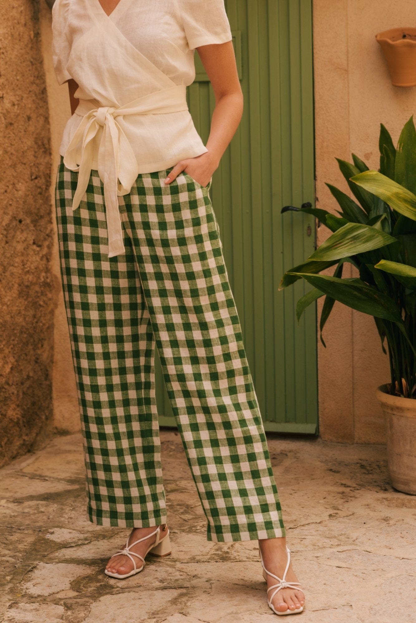 AmourLinen Linen pants L / Green Gingham Barbora straight linen pants L Green Gingham Barbora straight linen pants L Green Gingham