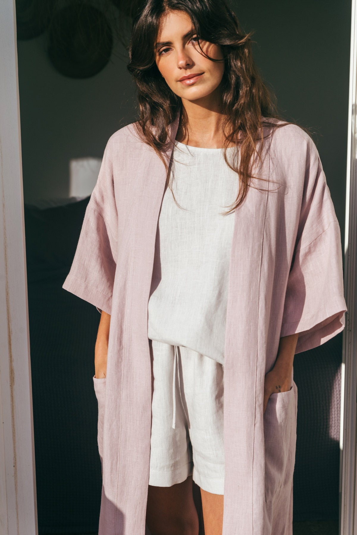 Linen bathrobe Midnight in Dusty Rose