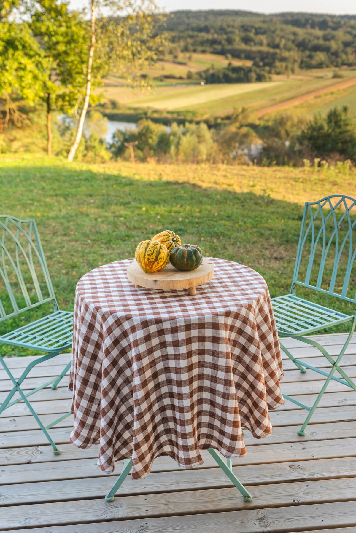 Linen tablecloth - Round 59"/150 cm/ Mocha Gingham