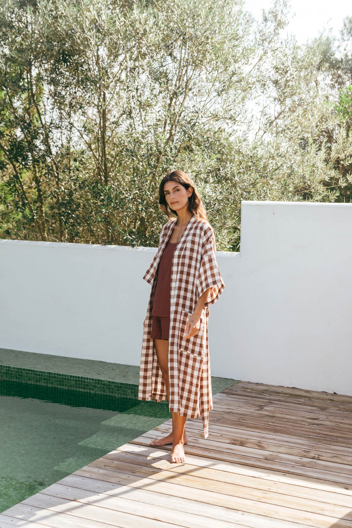 Linen bathrobe Midnight in Mocha Gingham