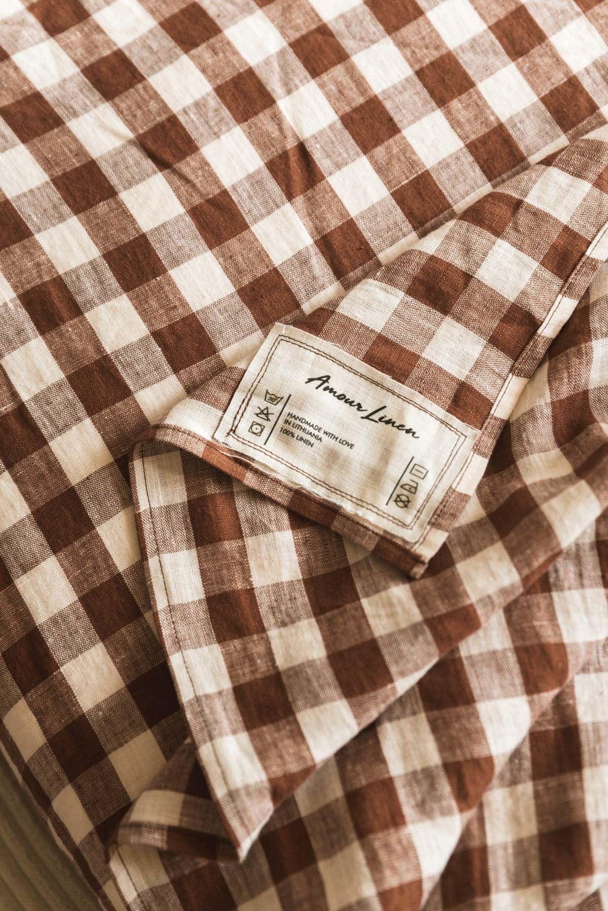 AmourLinen Linen flat sheet Linen flat sheet in Mocha Gingham Linen falt sheet in Charcoal